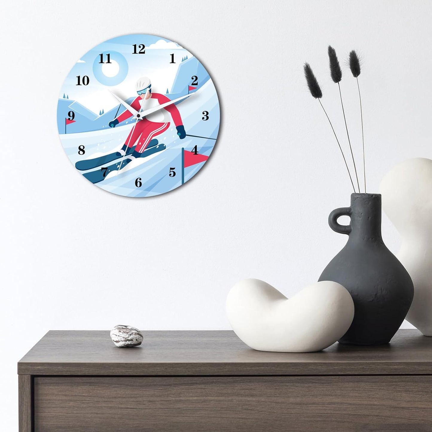 12 Inch Sports Wall Clocks with Silent Clock Movement and Battery Operated, Great Decor for Bedroom, Living Room or Classroom (Skiing Wall Clock)