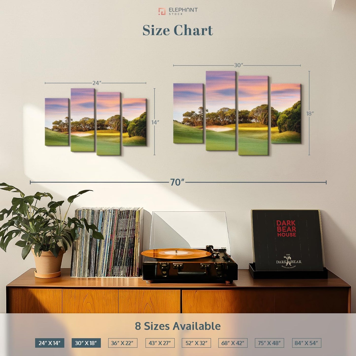 ElephantStock Golf Course Sundown Wall Art - Horizontal Canvas - 4-Piece Living Room Wall Decor - Photography Sports Canvas Print - Orange and Blue Decor for Wall - 24" X 14"