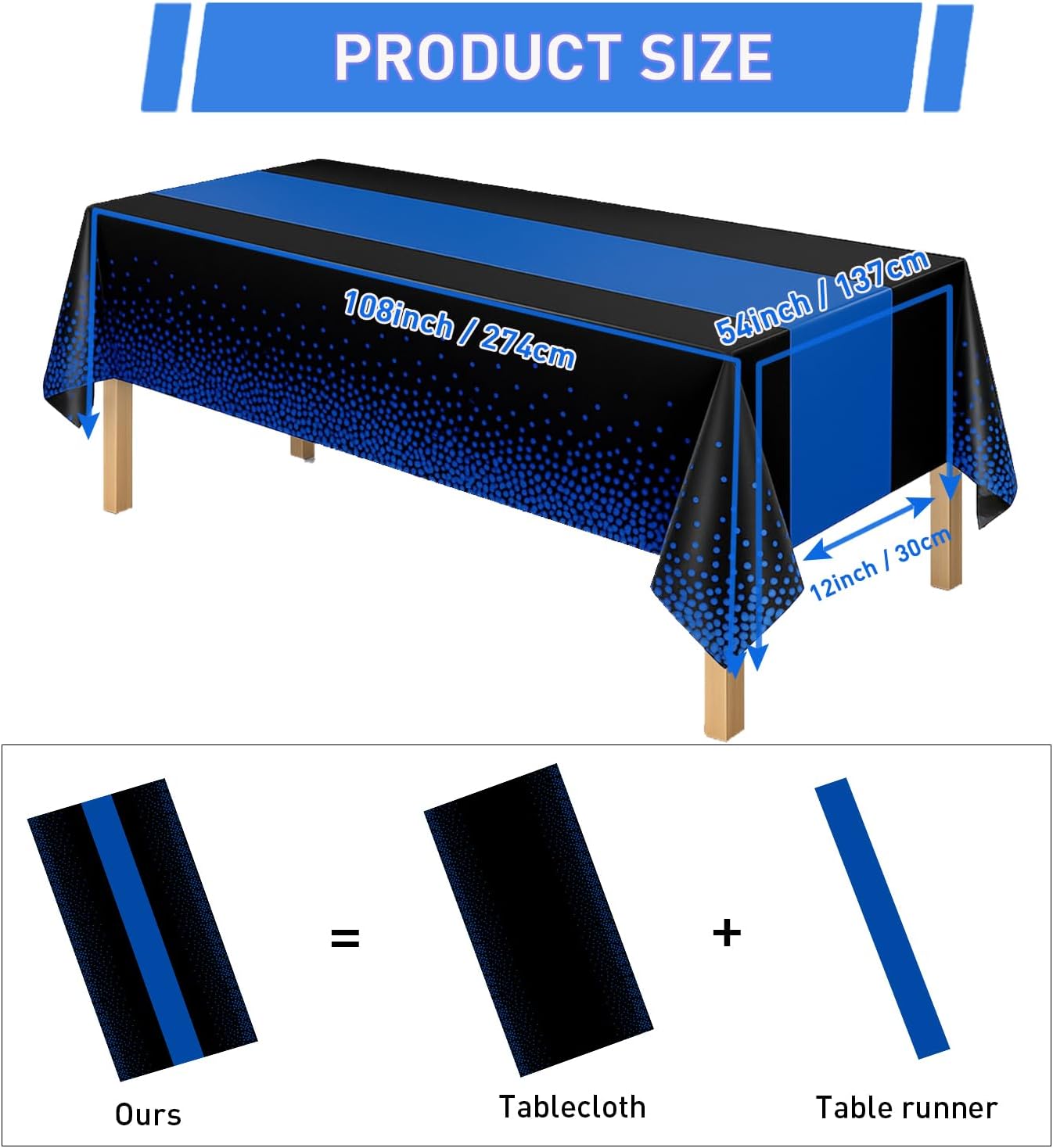 2in1 Disposable Plastic Tablecloths 54" x 108" Black and Blue Dot Kitchen Table Cloth Rectangle Table Cover for Wedding Birthday Baby Shower Anniversary Christmas Graduation (Black/Blue, 16 Pack)
