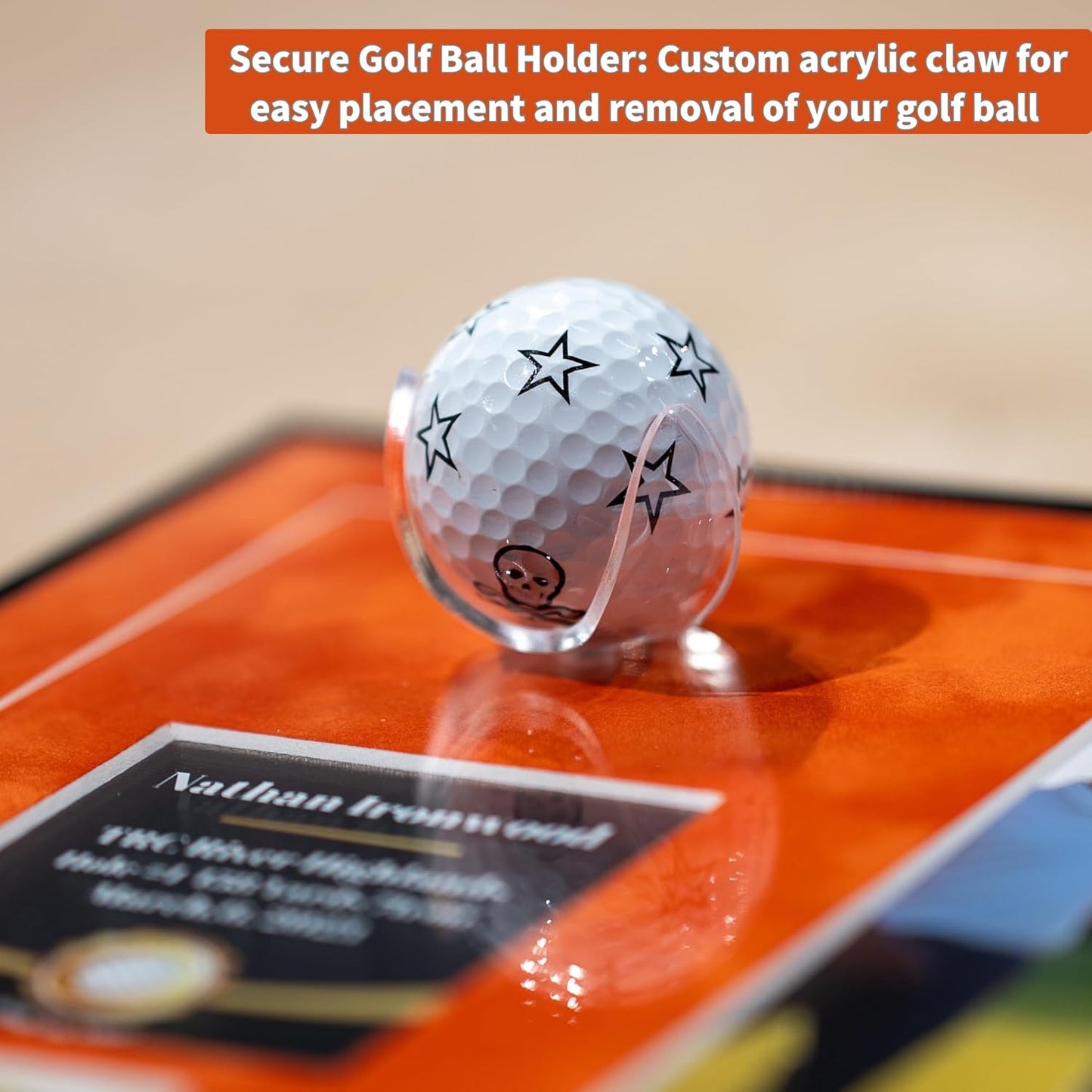One-Shot Victory Golf Ball Display Frame – Acrylic Case with External Ball Mount, Custom Photo & Nameplate, Orange Suede Mat, Elegant Golf Keepsake Gift