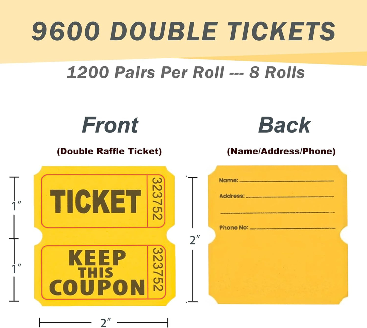 9600 Double Tickets, 1200 Tickets Per Roll, Assorted 50/50 Tickets Roll for Events, Entry, Carnivals, and Door Prizes (Blue/Red/Green/Yellow/Orange/Purple/White/Pink)