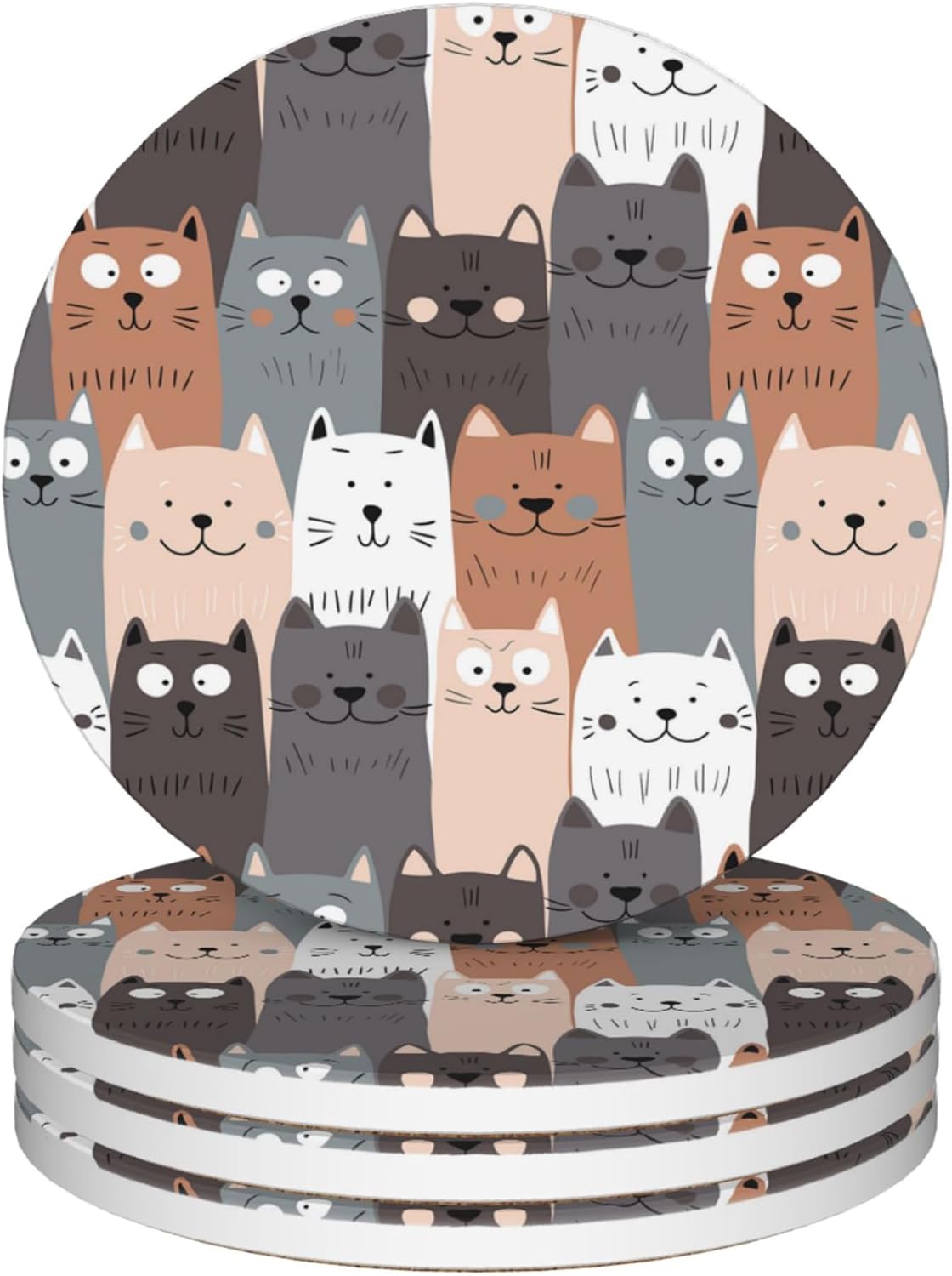 Coasters for Drinks,Cute Cat Gray Cats Absorbent Coaster Set of 4 with Cork Base,Ceramic Drink Coasters for Cold Drinks Wine Glasses Cups Mugs,Housewarming Gifts for Home Decor