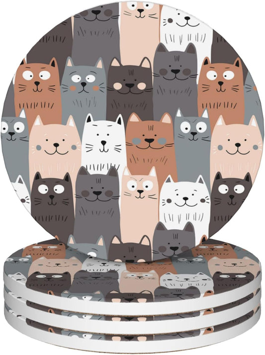 Coasters for Drinks,Cute Cat Gray Cats Absorbent Coaster Set of 4 with Cork Base,Ceramic Drink Coasters for Cold Drinks Wine Glasses Cups Mugs,Housewarming Gifts for Home Decor