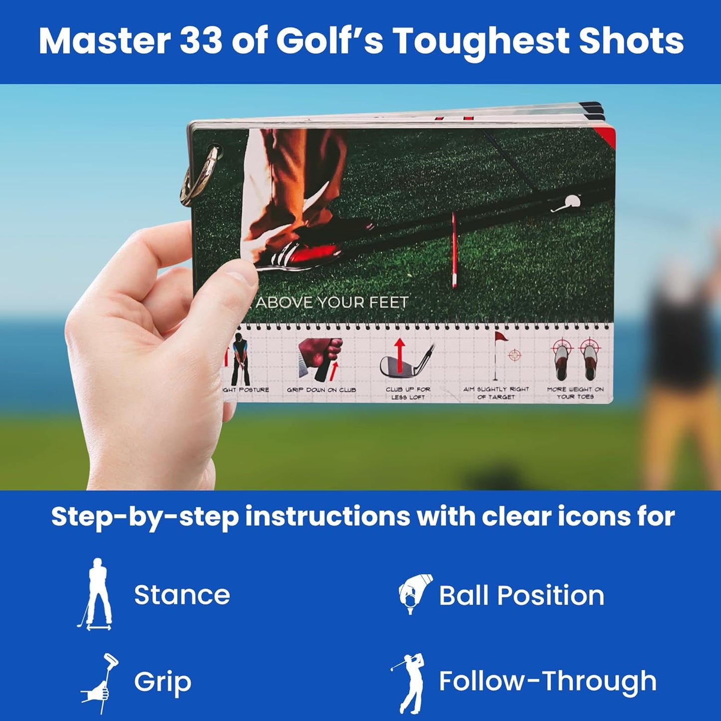 Swing Minder Golf Reference Cards - Step-by-Step Instructions for 33 of Golf's Hardest Shots - Ideal Golf Gifts for Men or Golf Bag Accessories - Waterproof PVC and Sturdy Carabiner for Easy Use