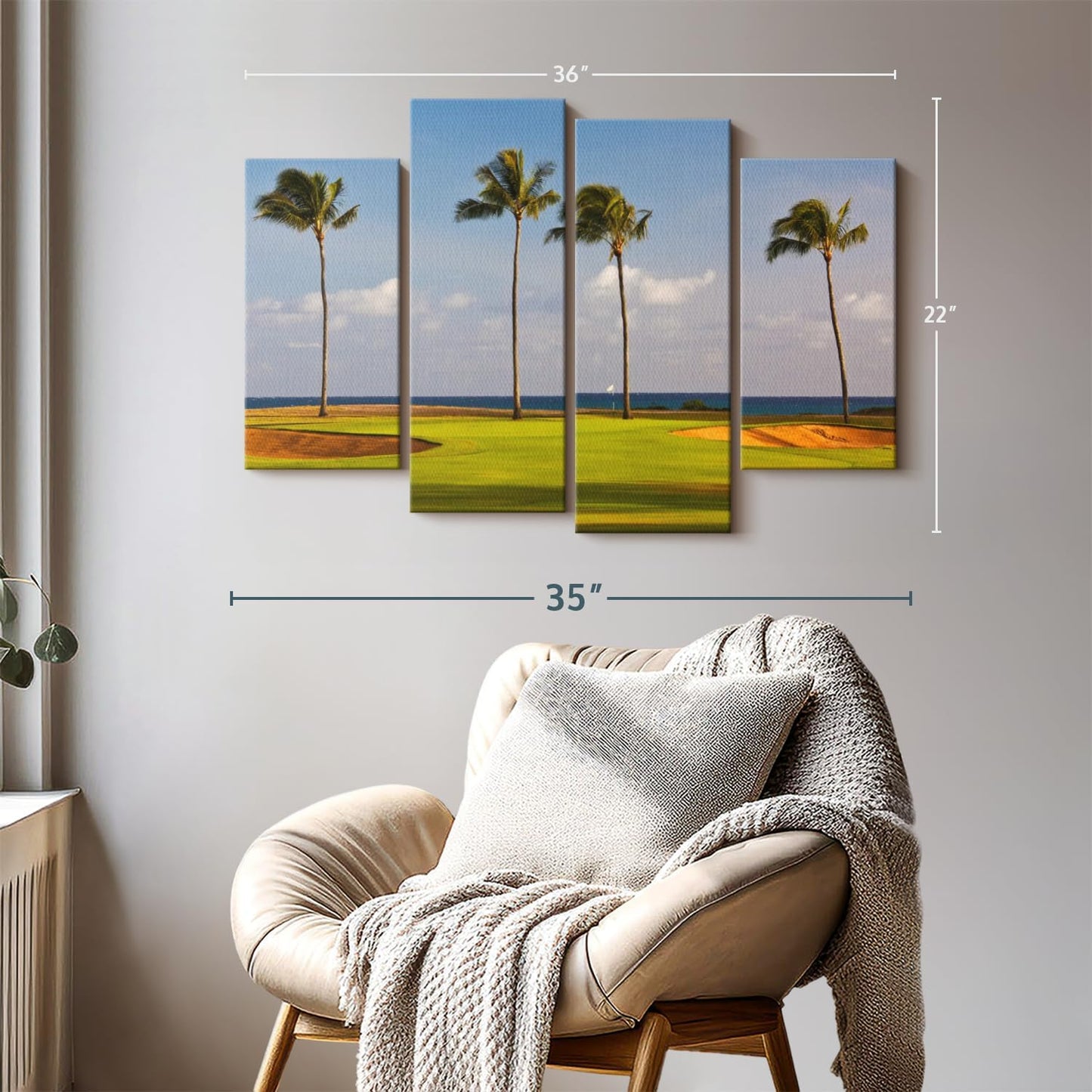 Elephant Stock Hawaiian Golf Course Wall Art - Horizontal Canvas - 4-Piece Living Room Wall Decor - Photography Sports Canvas Print - Green and Yellow Decor for Wall - 36" X 22"