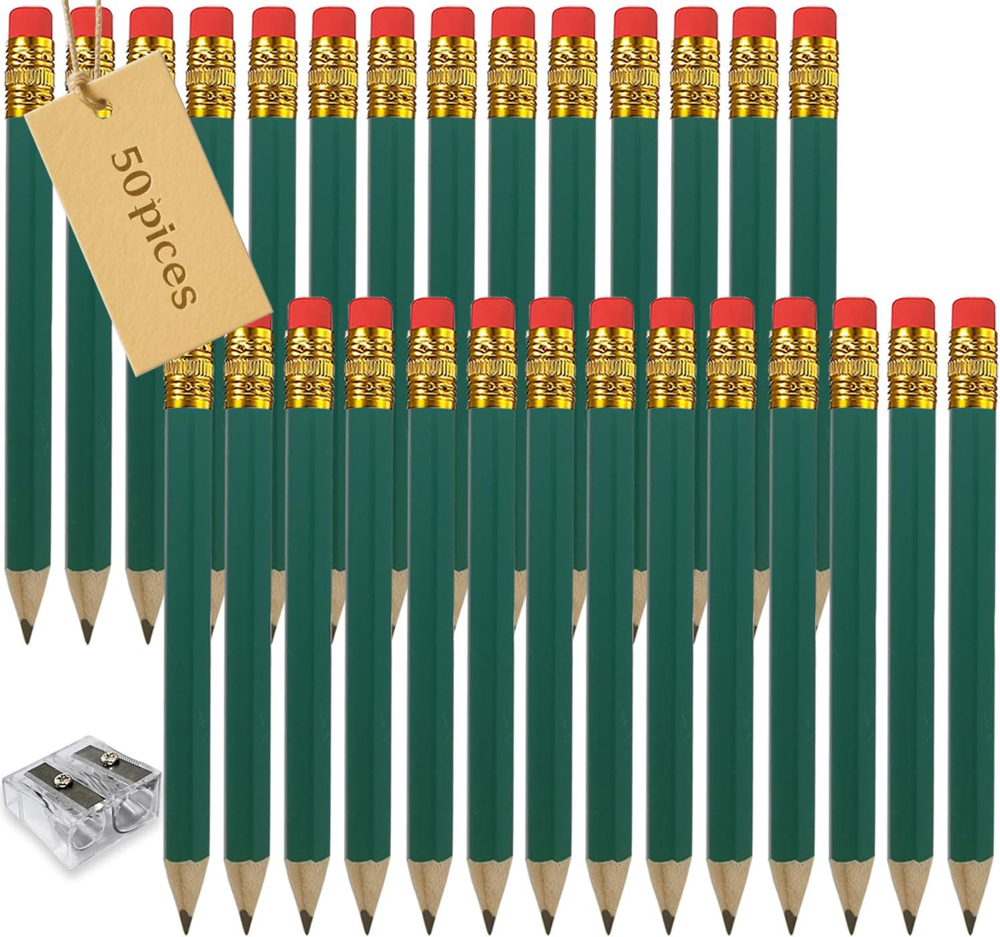 Adhere 50pcs Golf Pencils with Eraser Hexagon Wooden half Pencils Graphite 2B for Golf Event Scoring, Classroom, Wedding, Pew, Pocket | Free Pencil Sharpener (Green・Hexagon・50pcs)