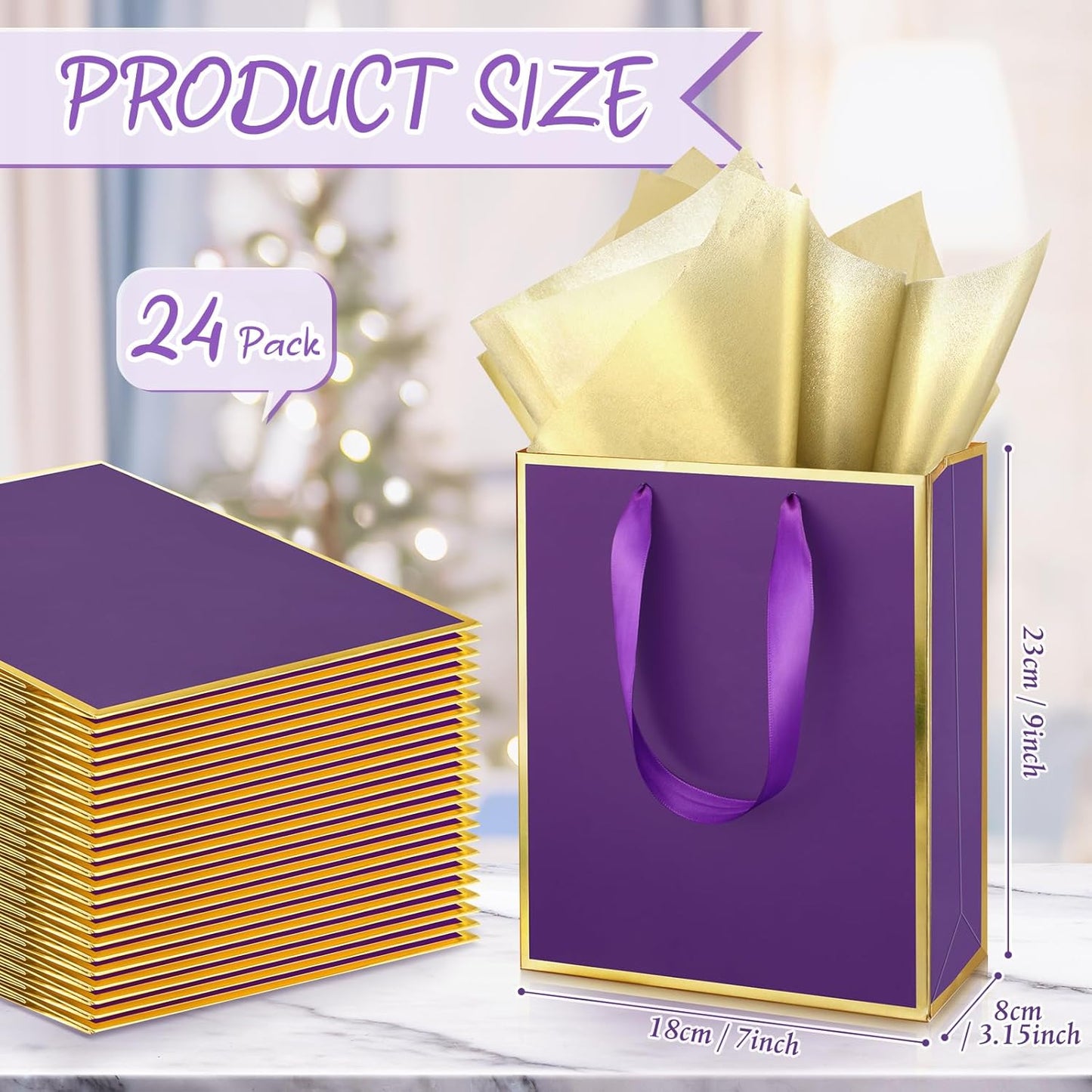 Yeaqee 24 Pack Metallic Paper Gift Bags with Handle and Tissue 9x7x3.1 Gold Foil Welcome Favor Bags Return Gifts for Wedding Fall 5 Senses Christmas Bridesmaid Birthday(Purple Gold)