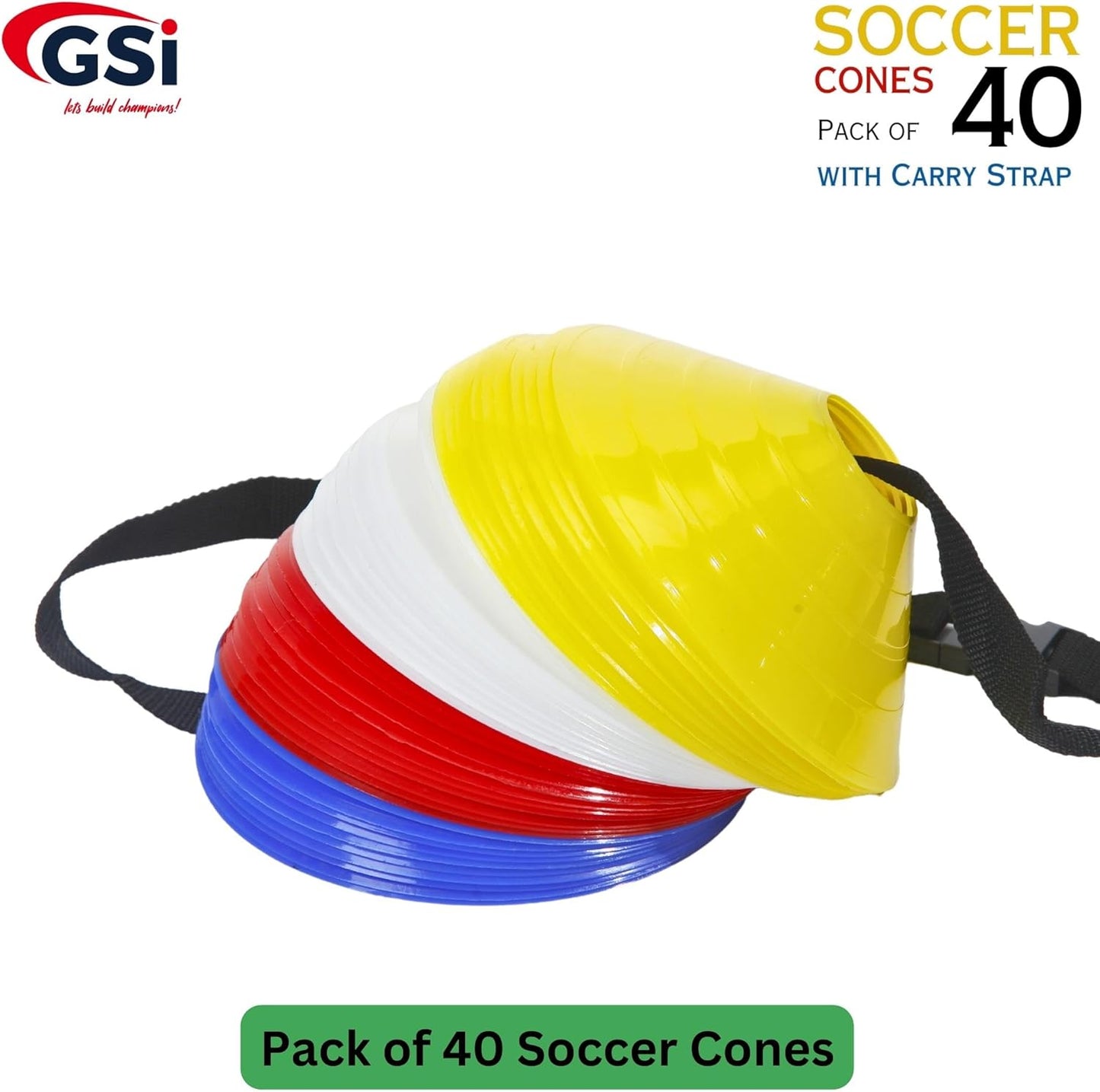 GSi Sports Cones | 40 Pack Training Cones with Strap for Agility Drills, Soccer, and Sports Practice and Shapes
