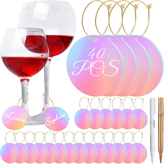 Tondiamo 40 Pcs DIY Wine Charms for Glasses Acrylic Wine Charms with Rings Tags Marker Pen Blank Glass Labels Bulk for Stem Cocktail Champagne Wedding Dinner Party Favor