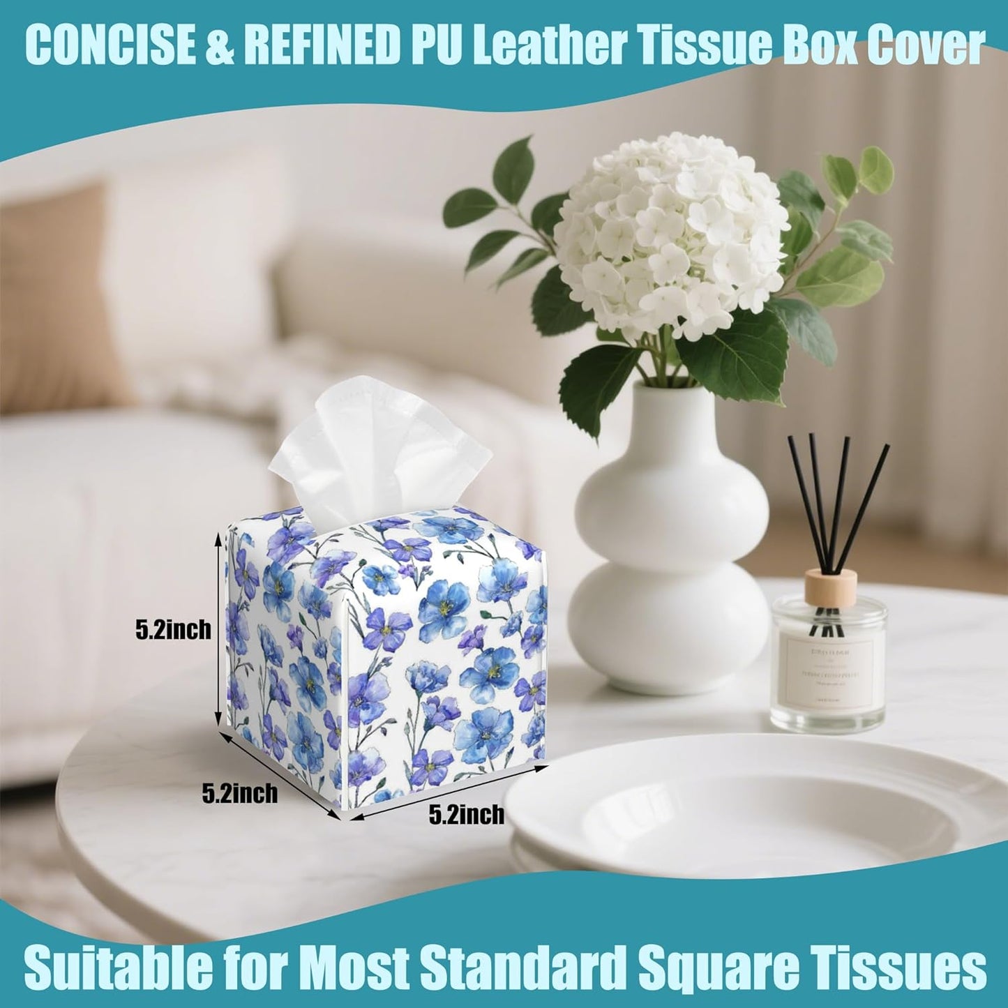 Blue Spring Wildflower Tissue Box Holder,Square Leather Tissue Box Cover with Bottom Belt,Waterproof Modern Napkin Holder Organizer for Bathroom Nightstand Vanity Office Tabletop,5.2" x 5.2" x 5.2"