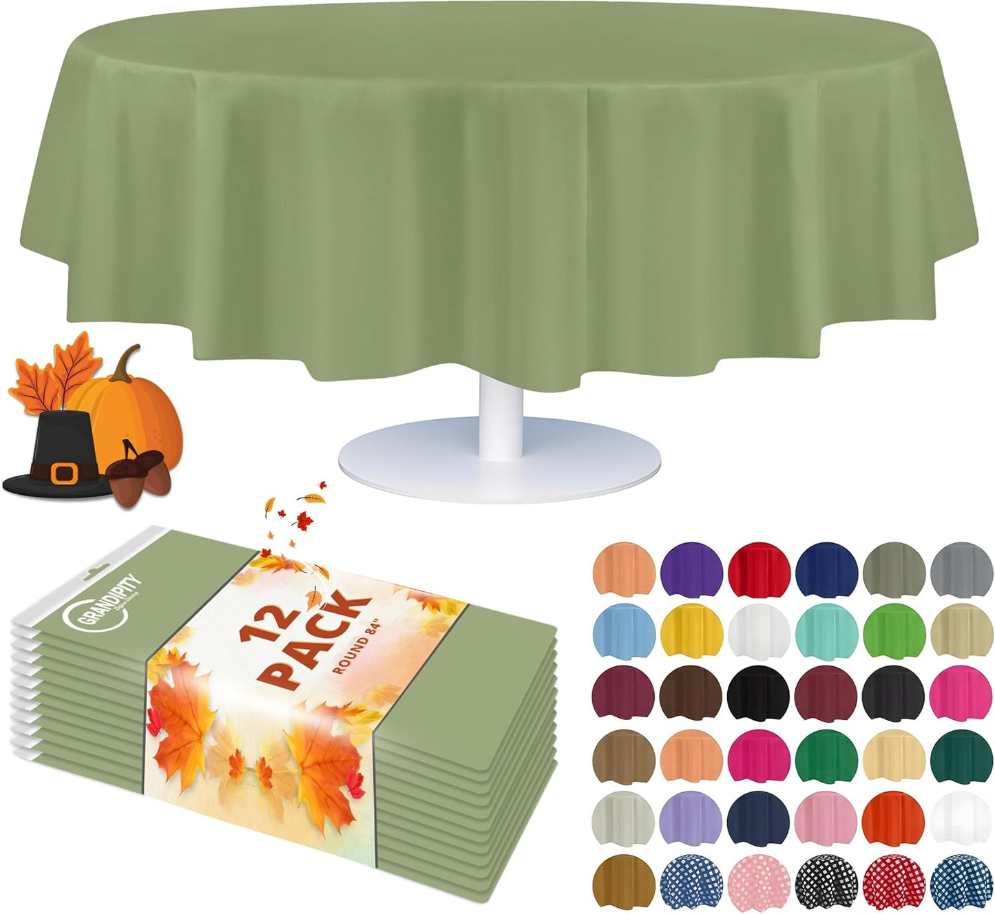 Grandipity 12 Pack Premium Disposable Plastic Tablecloth 84 inch Round Table Cover - Sage Green