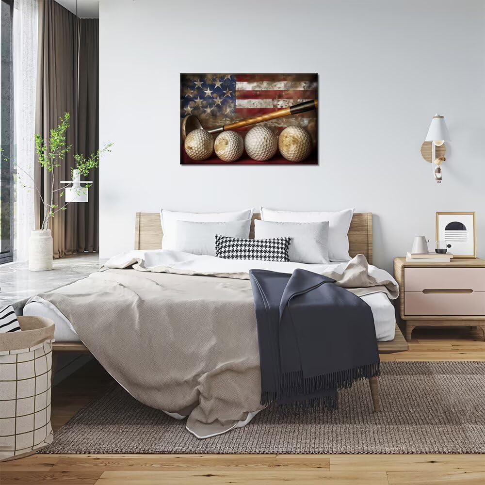 Golf Canvas Wall Art Vintage Golf Ball with American Flag Painting Artwork Leisure Sports Poster Golf Pictures for Living Room Office Club Home Decorations Framed Ready to Hang (18 x 24 inch)