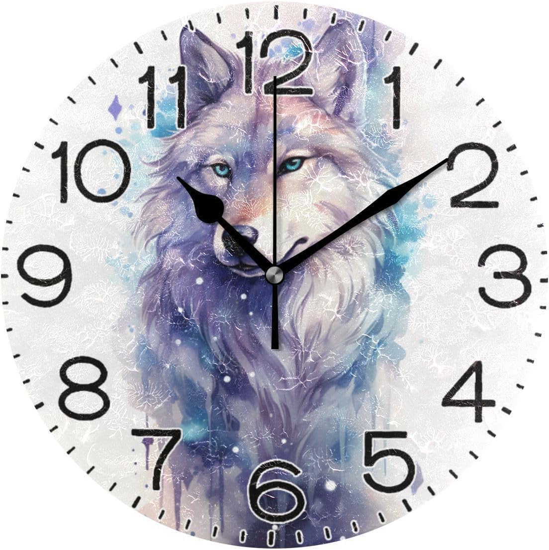 Beautiful Painting Wolf Wall Clock Battery Operated Non Ticking Silent Quartz Analog Rustic Farmhouse Round Clock Retro Decor for Home Kitchen Living Room Bathroom