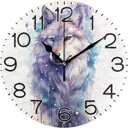 Beautiful Painting Wolf Wall Clock Battery Operated Non Ticking Silent Quartz Analog Rustic Farmhouse Round Clock Retro Decor for Home Kitchen Living Room Bathroom