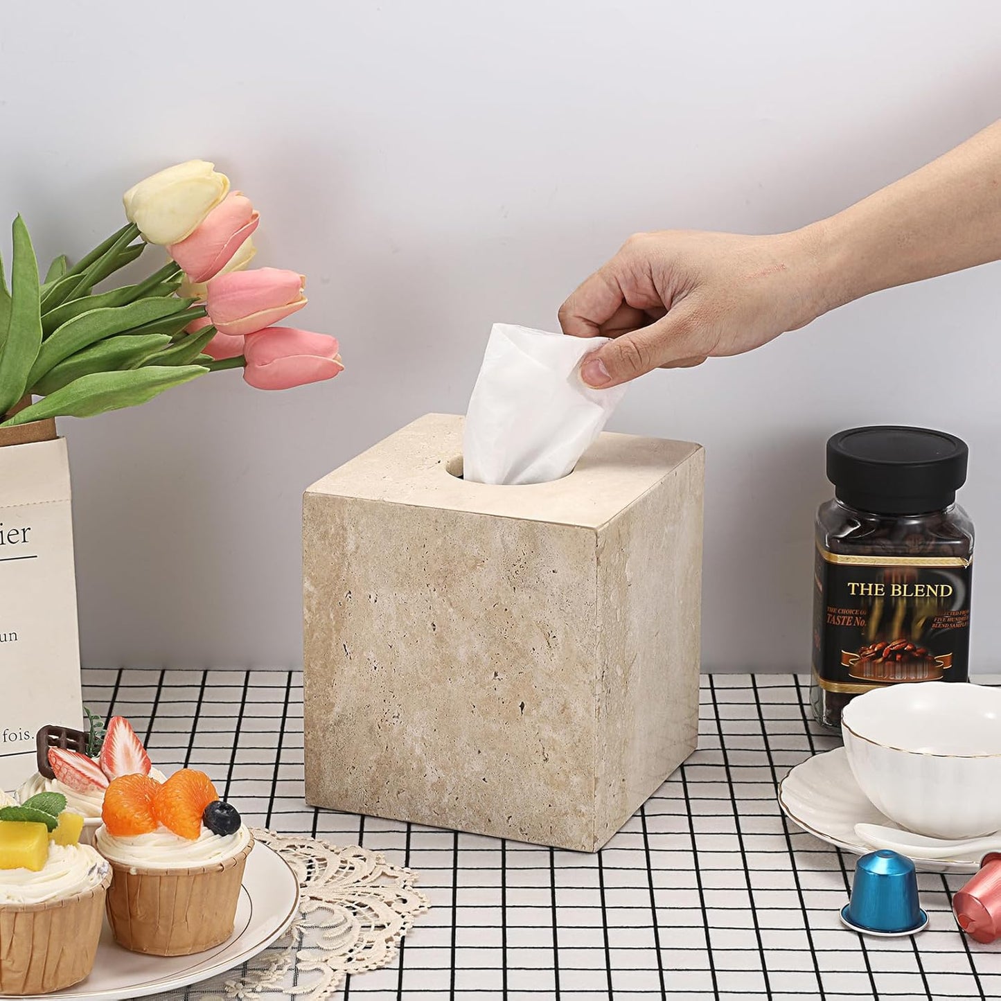 Sumnacon Square Tissue Box Cover Natural Travertine Tissue Cover with Pads, Heavy Duty Stone Tissue Box Holder,Gorgeous Tissue Holder for Toilet Bathroom Kitchen Bedroom Living Room Table,Light Beige
