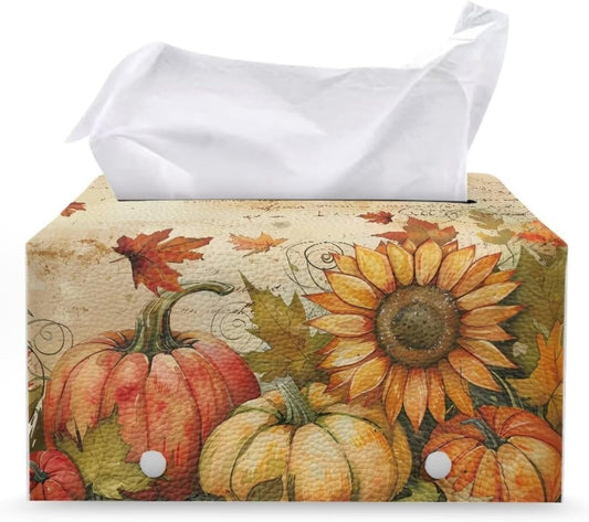 Sunflower Pumpkin Tissue Box Cover PU Leather Tissue Box Holder Thanksgiving Day Napkin Dispenser Rectangular PU Leather Protective Cover Modern Home Car Office Hotel Decor