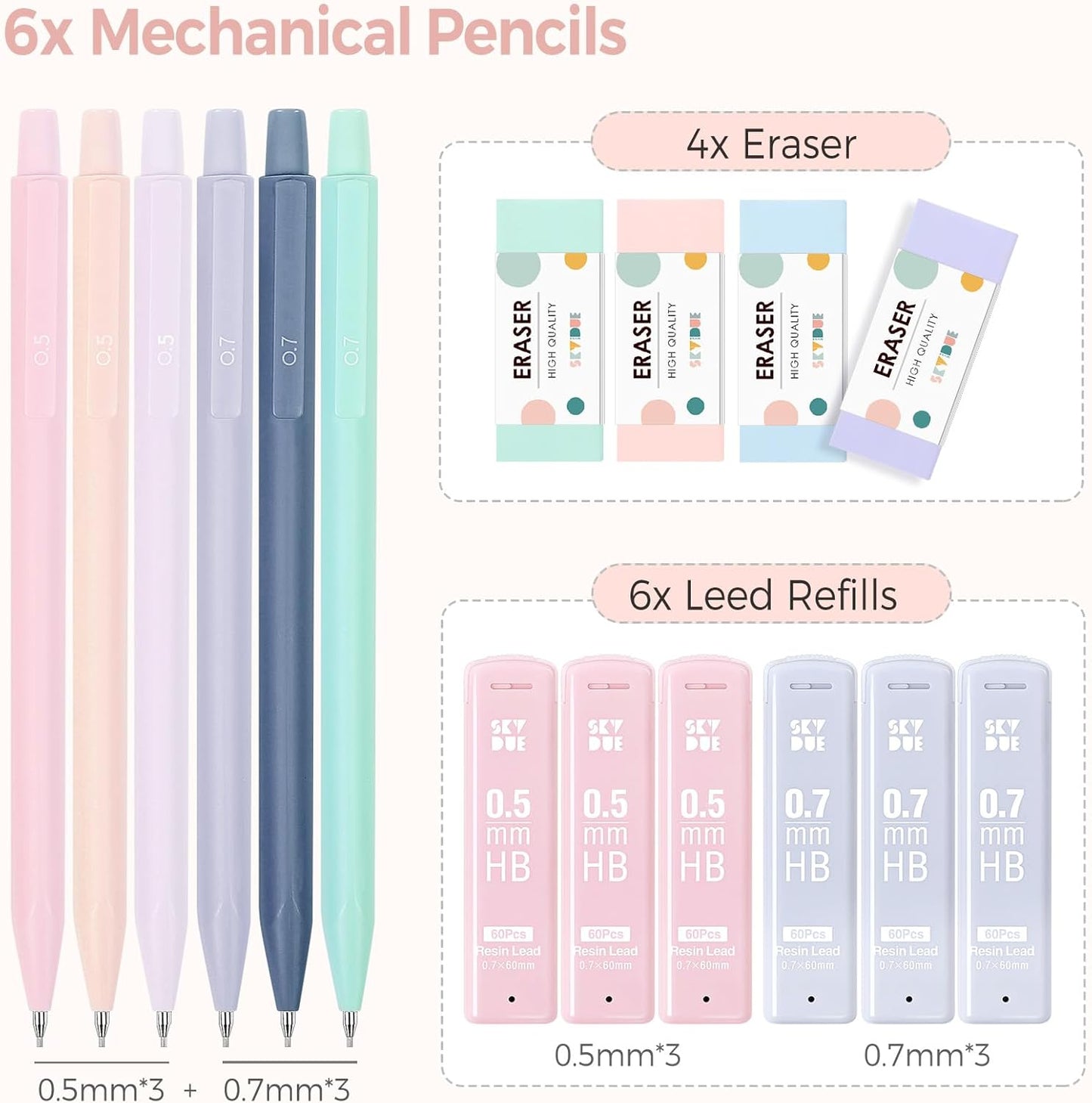 SKYDUE Cute Mechanical Pencils Set, 0.5mm & 0.7mm Mechanical Pencils, 360PCS HB Lead Refills, 4PCS Pastel Erasers, Pastel Aesthetic School Supplies for Writing, Drawing and Sketching
