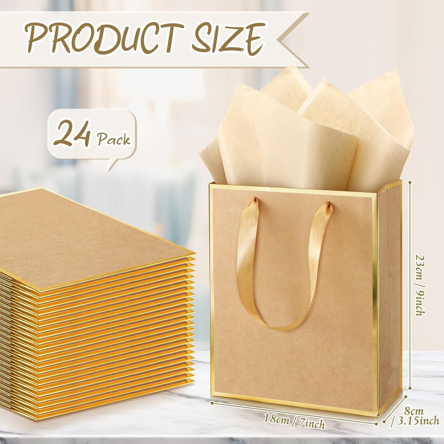 Yeaqee 24 Pack Metallic Paper Gift Bags with Handle and Tissue 9x7x3.1 Gold Foil Welcome Favor Bags Return Gifts for Wedding Fall 5 Senses Christmas Bridesmaid Birthday(Kraft, Gold)