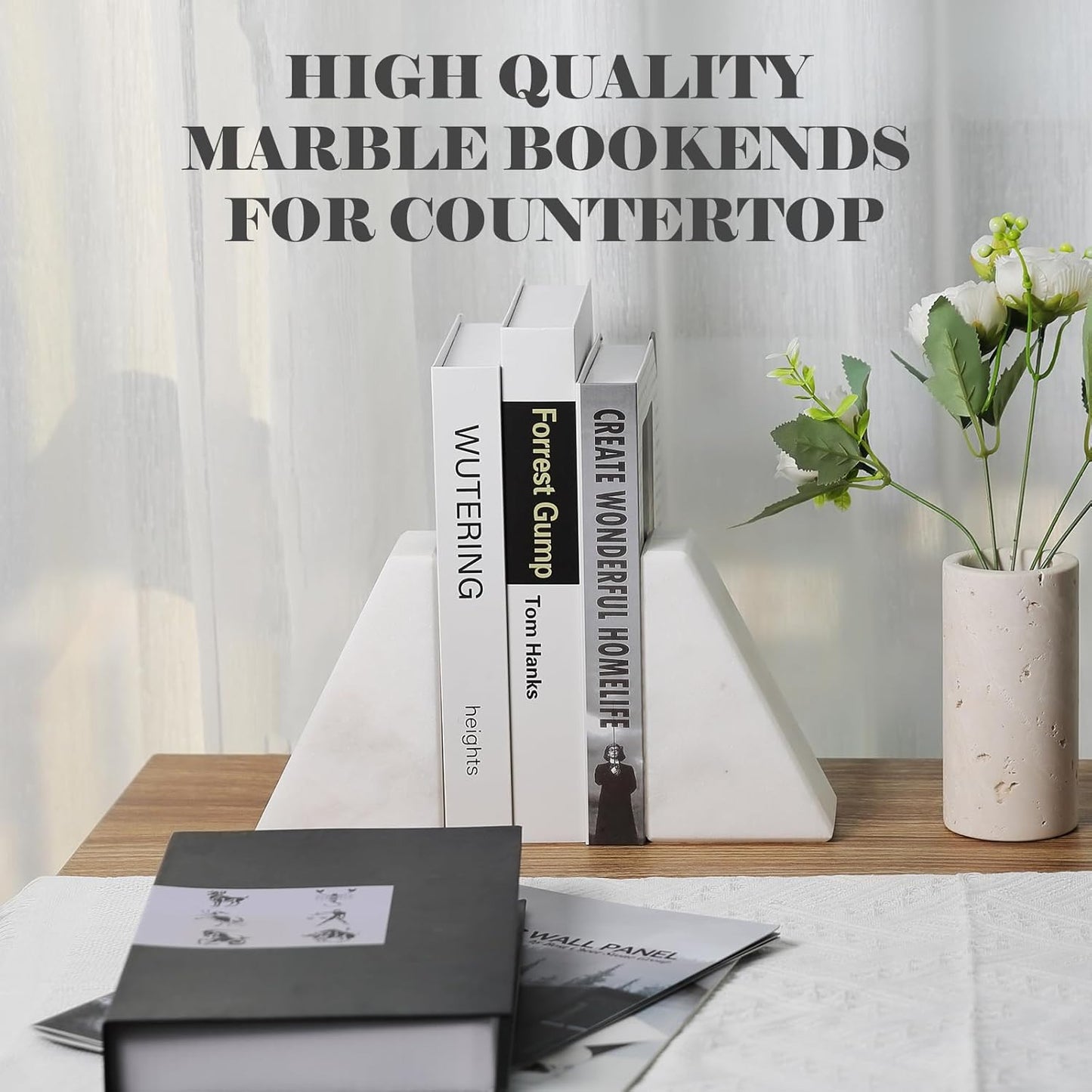 Marble Book Ends Decorative, Unique Bookends for Shelves, White Stone Bookends Holds Heavy Books, Weighted Book Holder Stopper for Home Office Desk Bookshelf Decoration, Set of 2