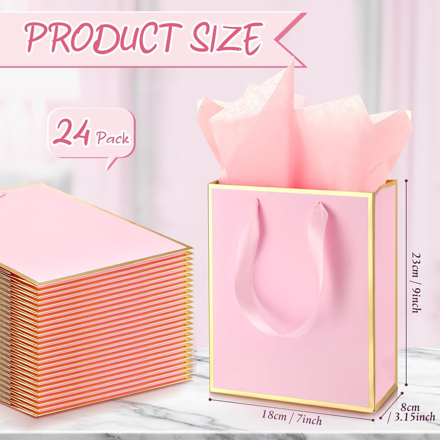 Yeaqee 24 Pack Metallic Paper Gift Bags with Handle and Tissue 9x7x3.1 Gold Foil Welcome Favor Bags Return Gifts for Wedding Fall 5 Senses Christmas Bridesmaid Birthday(Pink Gold)