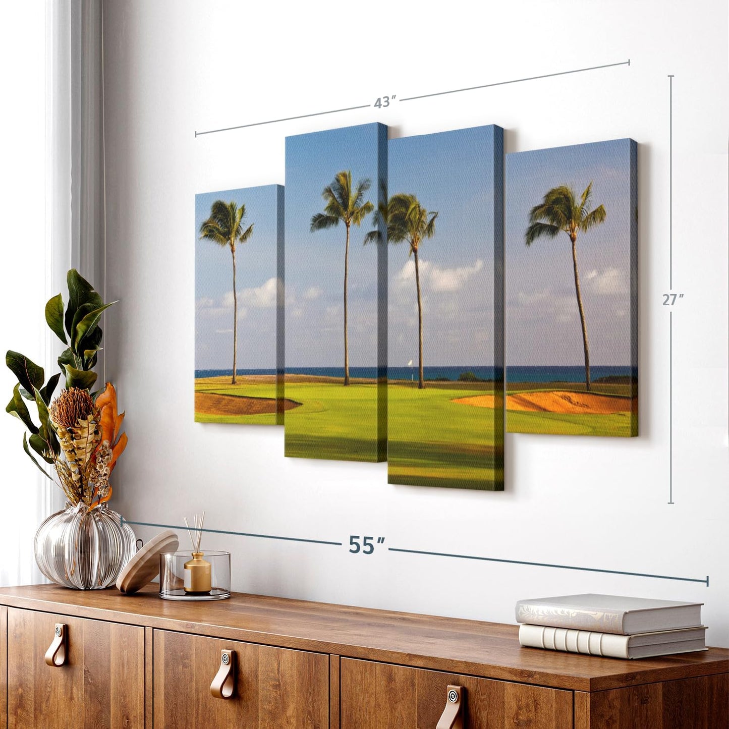 Elephant Stock Hawaiian Golf Course Wall Art - Horizontal Canvas - 4-Piece Living Room Wall Decor - Photography Sports Canvas Print - Green and Yellow Decor for Wall - 43" X 27"