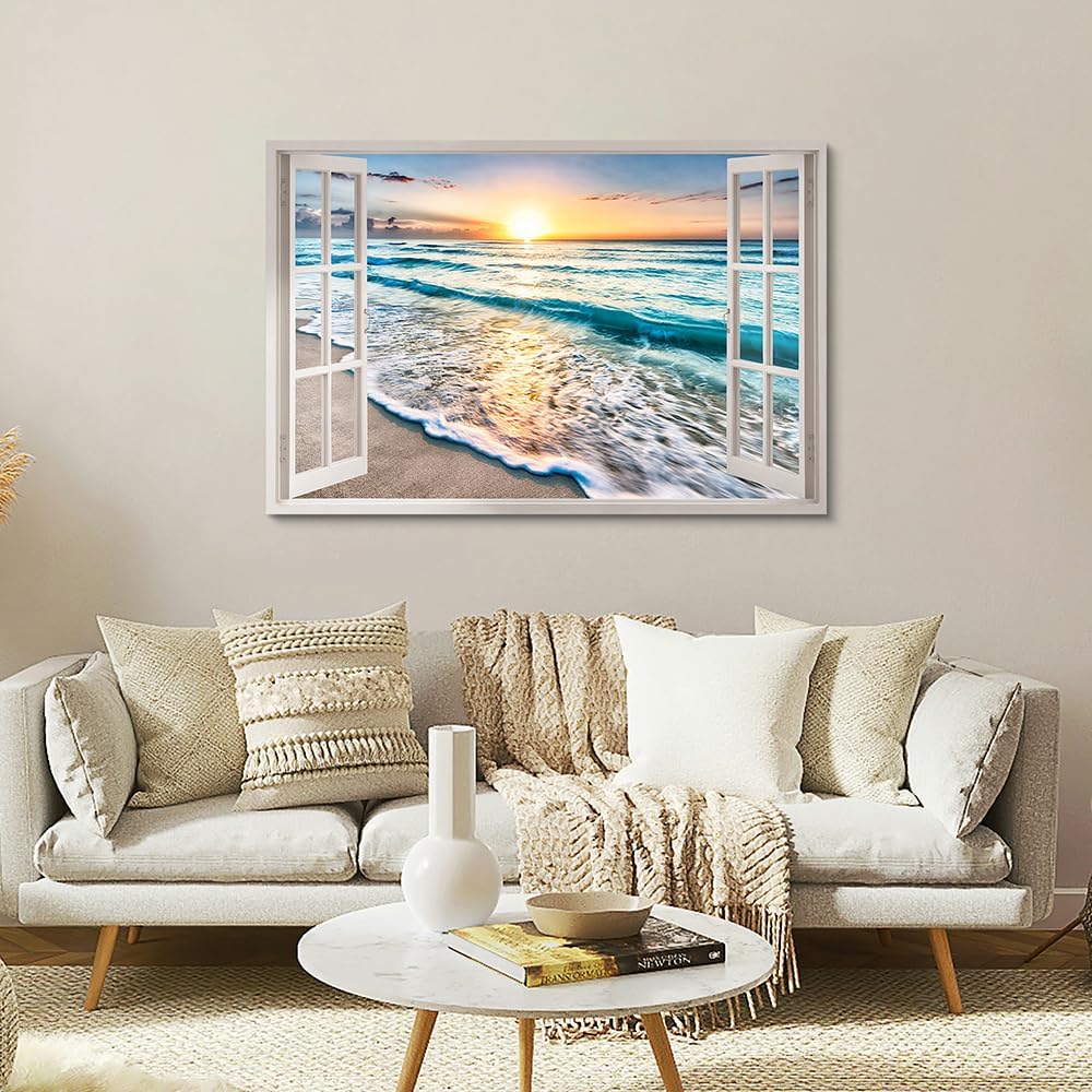 beach canvas window wall art: beach picture coastal artwork seascape ocean scene prints - looking out fake window wall decor for bedroom 45"x30"