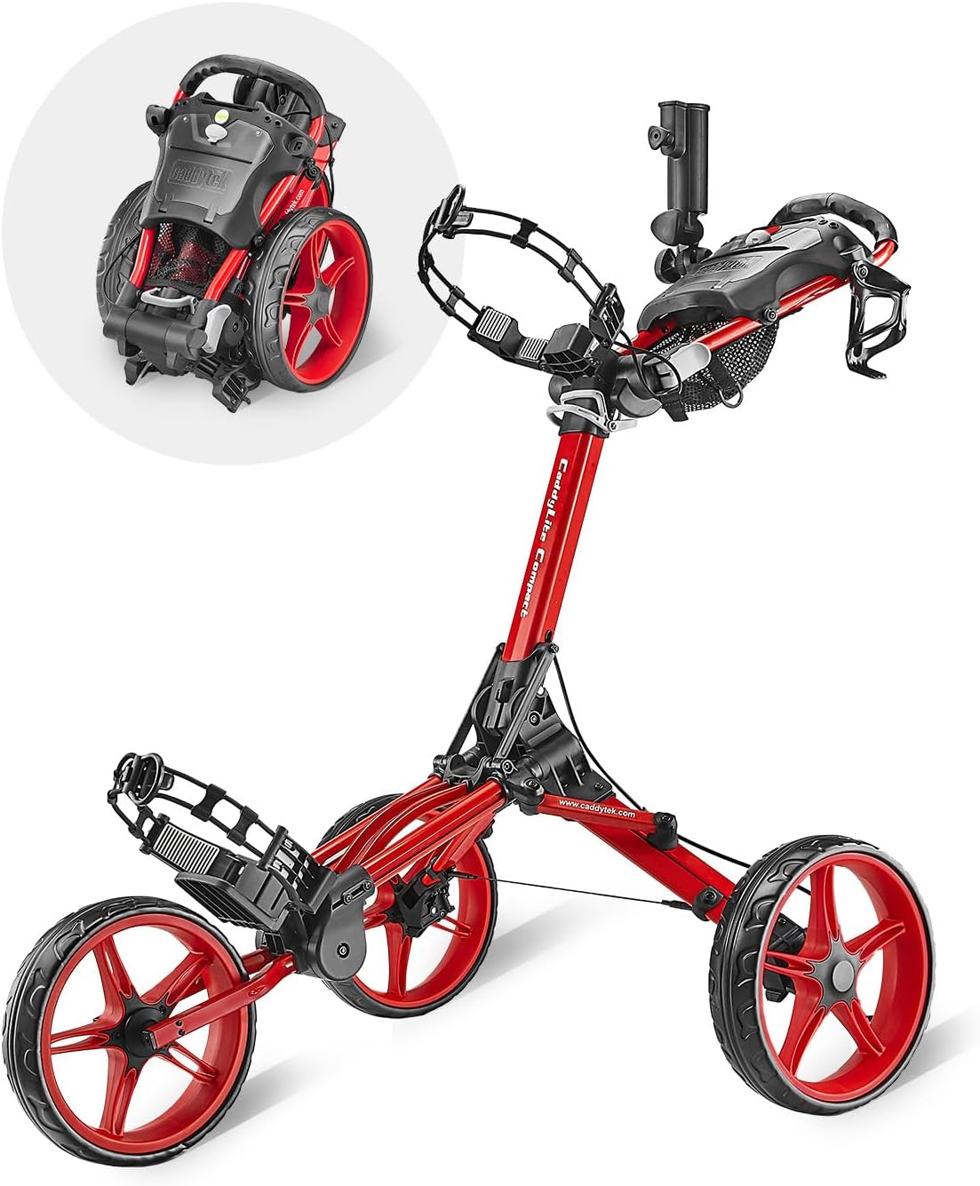 Caddytek CaddyLite Compact Golf Push Cart - Lightweight Aluminum 3-Wheel Foldable Golf Bag Cart with Quad-Fold System, EVA Wheels, Adjustable Handle, Brake, Mesh Net, Umbrella & Drink Holder