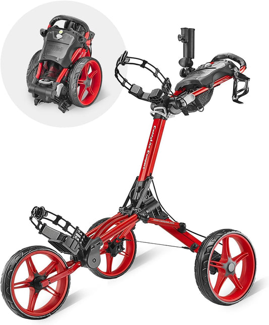 Caddytek CaddyLite Compact Golf Push Cart - Lightweight Aluminum 3-Wheel Foldable Golf Bag Cart with Quad-Fold System, EVA Wheels, Adjustable Handle, Brake, Mesh Net, Umbrella & Drink Holder