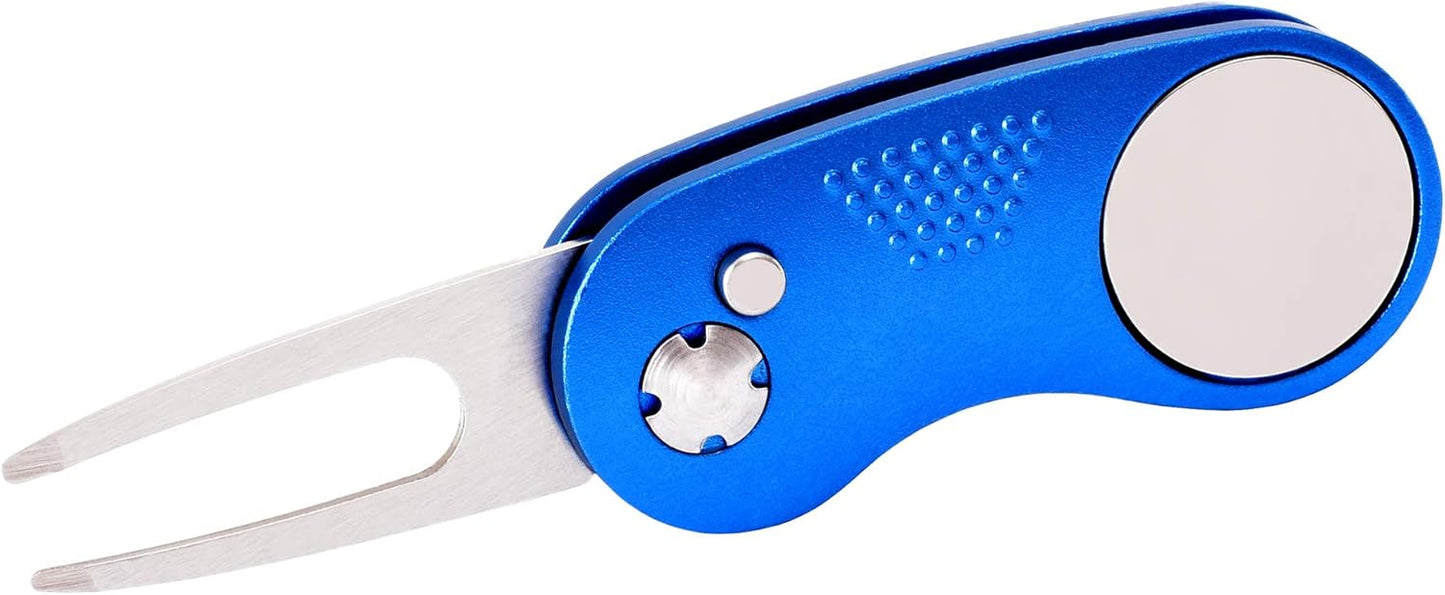 Mile High Life Golf Divot Repair Tool, All Metal Foldable Divot Tool with Pop-up Button & Magnetic Ball Marker