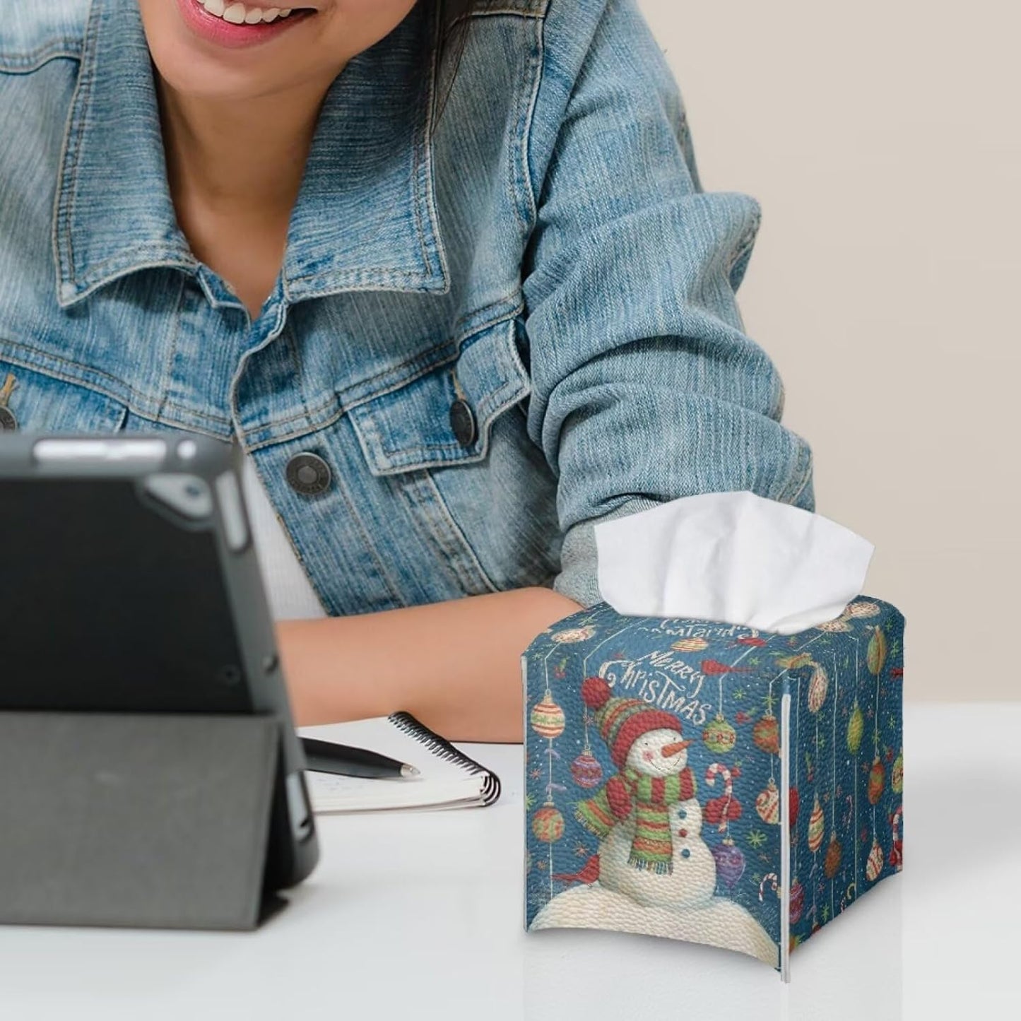 Christmas Snowman Tissue Box Cover Square 5X5X5 inch Tissue Box Cute Facial Paper Holder Organizer Holiday Home Office Bedroom Car Bathroom Decor