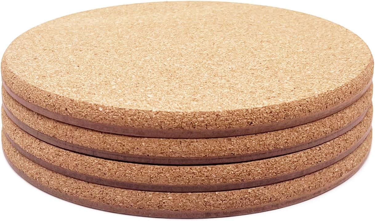 Cork Coasters - Double Layered Thick Cork Planter Coasters, 6 Inch Absorbent Mats, Trivets for Hot Dishes, House Plants - 4 Pcs