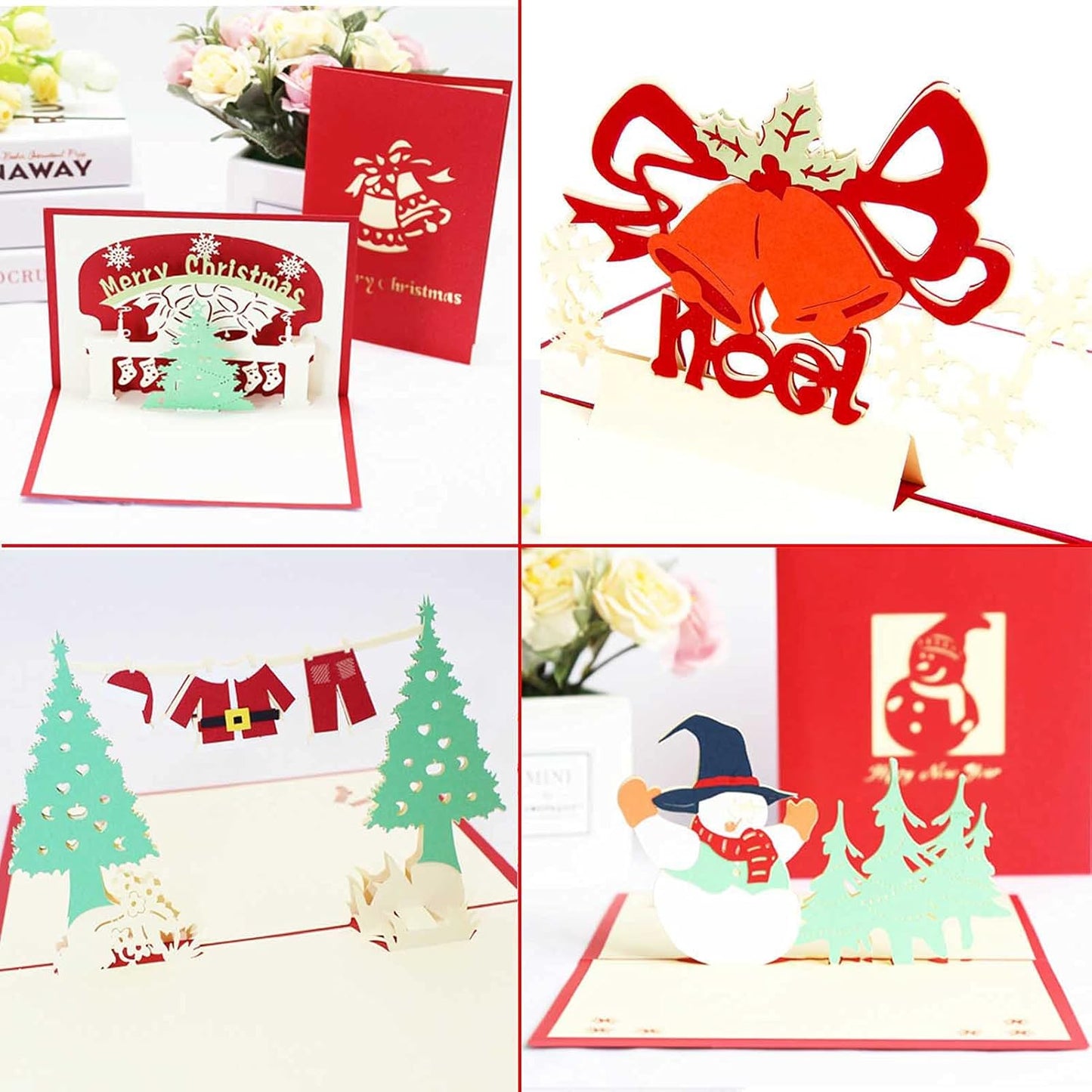 3D Christmas Greeting Cards, 9PCS, Pop Up Handmade Cards with Envelope Set of 9, For Xmas New Year Winter Holiday- Feature Xmas Tree, Snowman, Reindeer, Santa and Bell