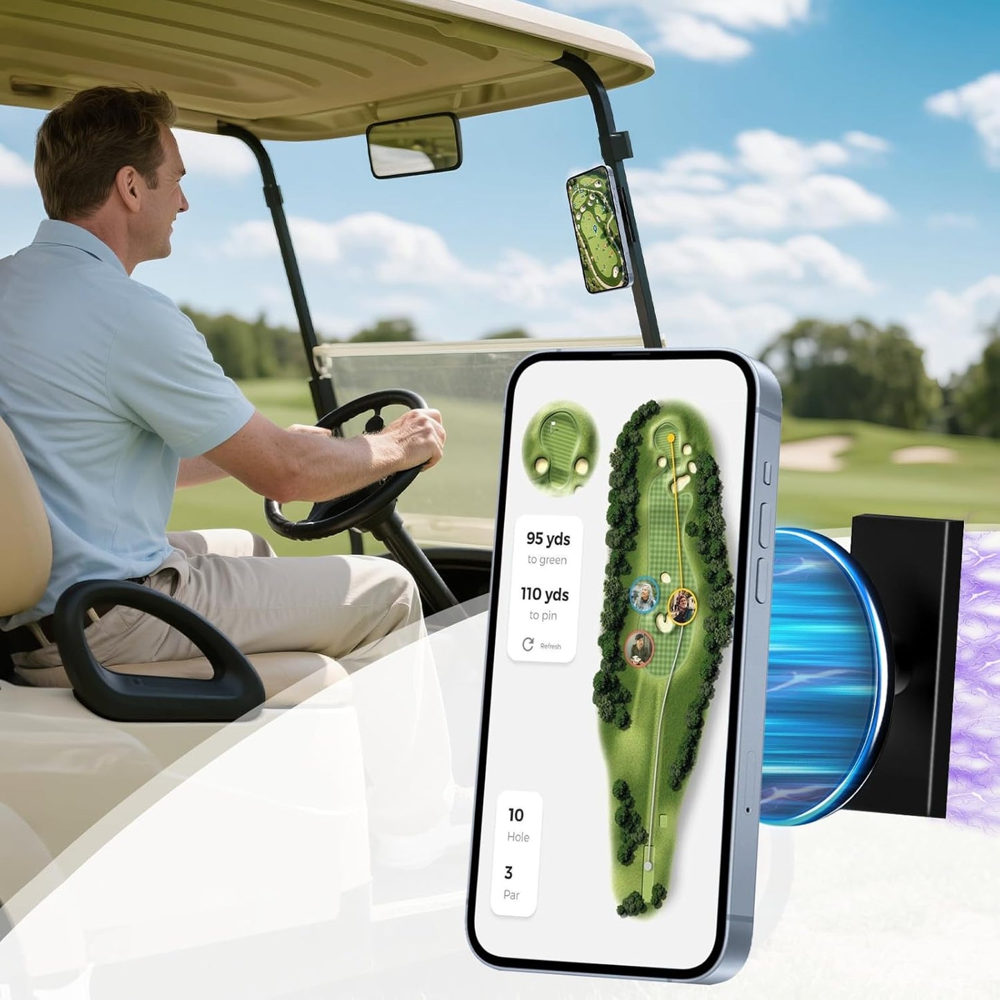 Magnetic Golf Cart Phone Holder Compatible with Magsafe iPhone 16/15/14/13/12, Fits Yamaha, EZGO, Club Car, Alloy Strong Magnetic Phone Mount for Gym, Kitchen