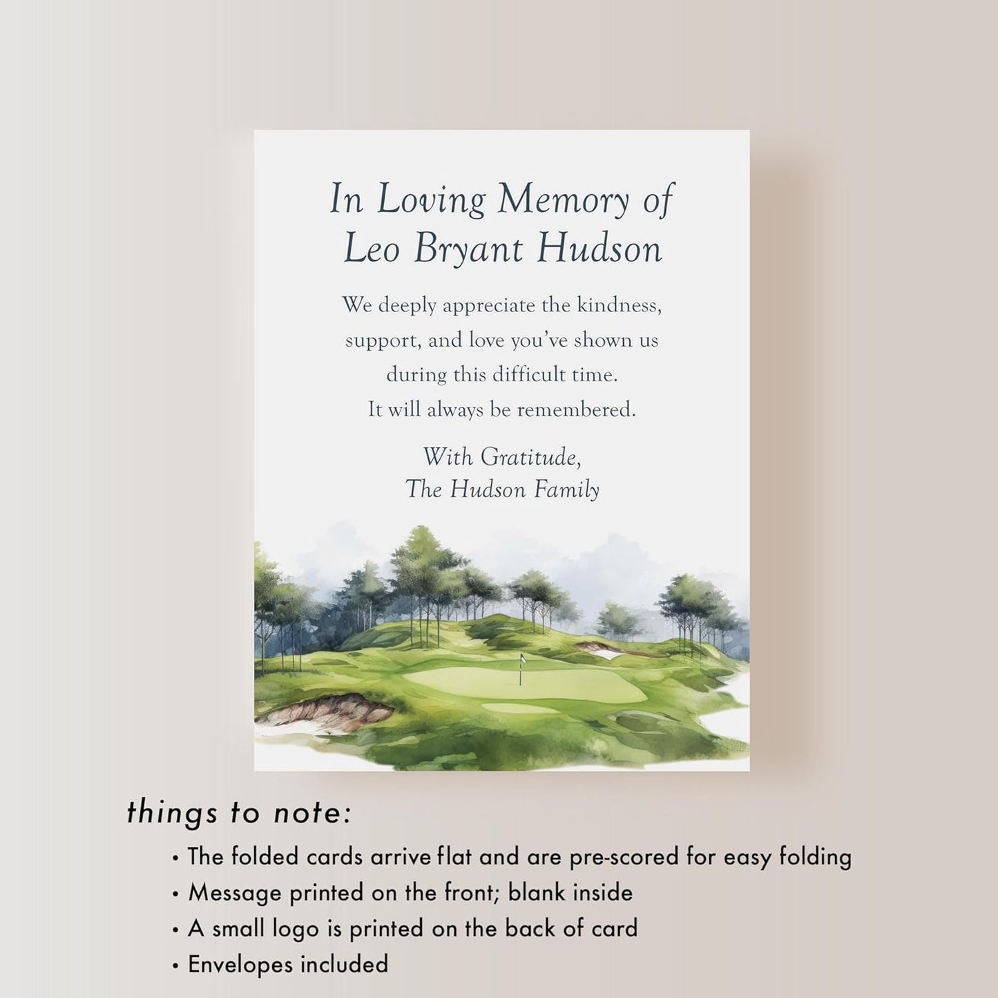 Golf Sympathy Thank You Cards, In Loving Memory Watercolor Funeral Thank You, 4.25 x 5.5 (A2) Folded Memorial Cards, Custom Name Bereavement Acknowledgement with Envelopes (Folded Card)