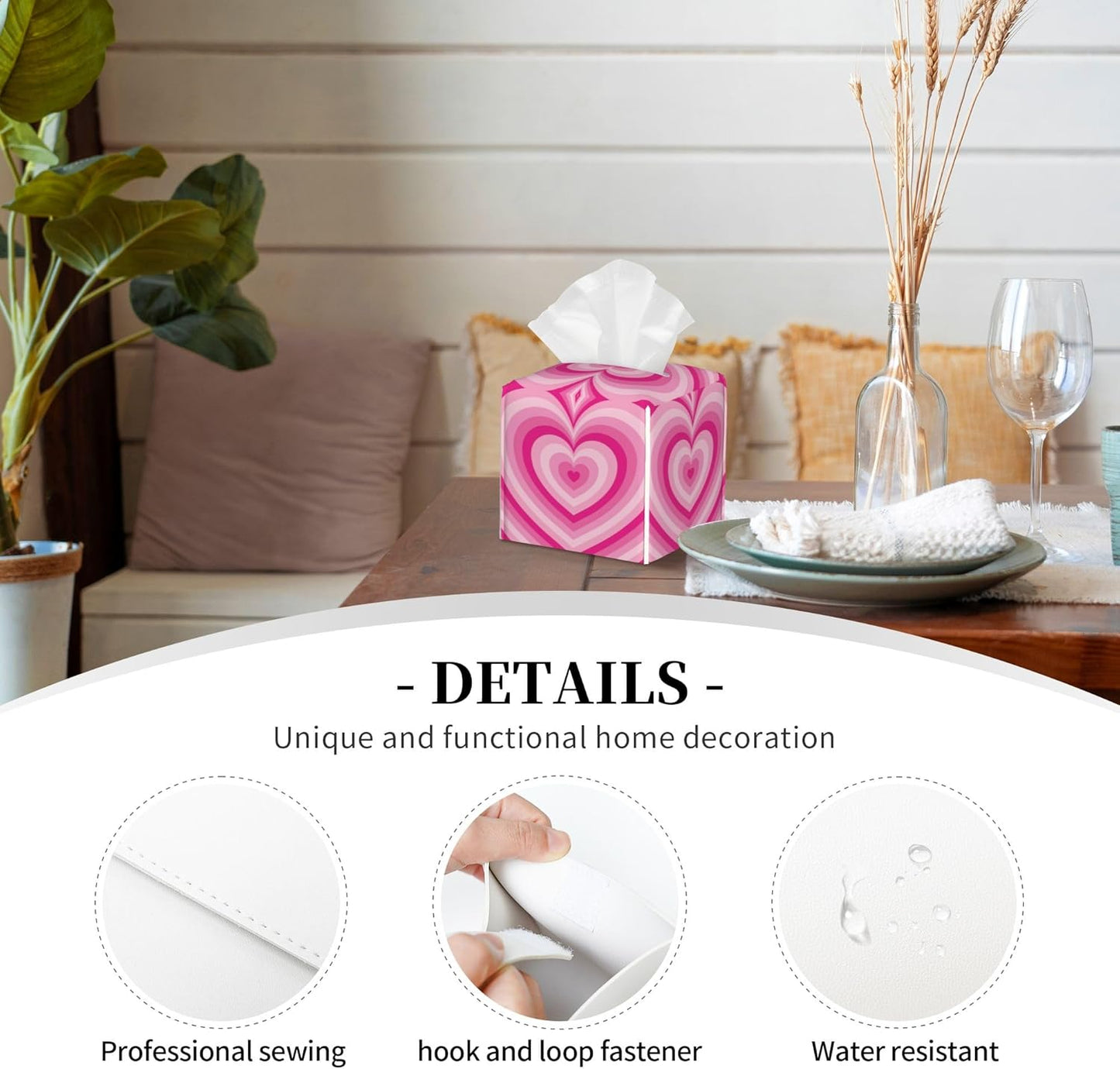 Tissue Box Holder Pink Heart Tissue Box Cover Square Leather Tissue Holder Organizer Portable Decorative Facial Paper Case for Home Office Bathroom Vanity Countertop