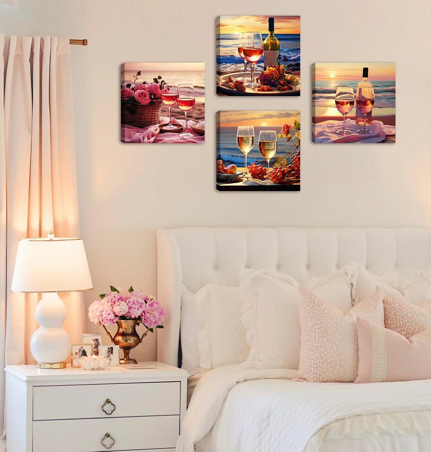 Kitchen Decor Dining Room Wall Art Wine Glass Still Life Fruit Goblet Canvas Prints Artwork Beach Sunset Landscape Romantic Poster Bar Restaurant Home Decoration Framed Ready to Hang 12"X12"X4 Panels