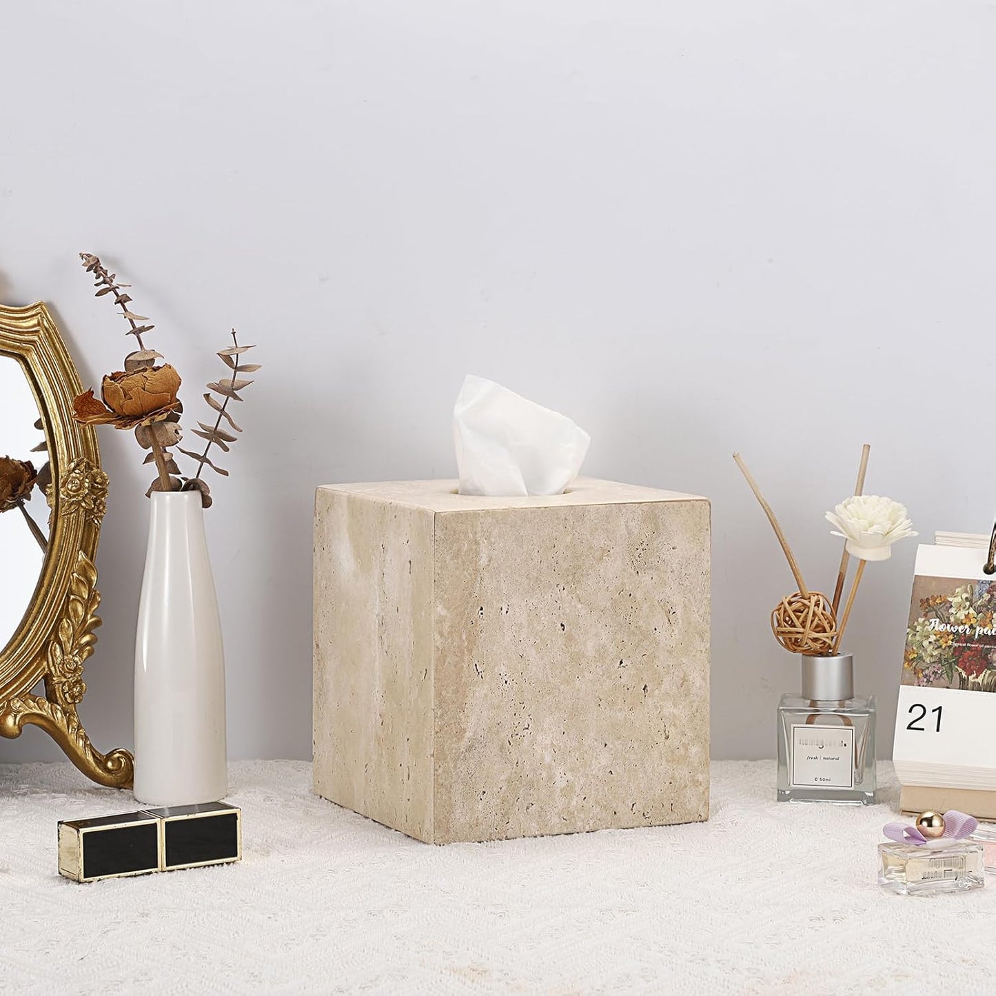 Sumnacon Square Tissue Box Cover Natural Travertine Tissue Cover with Pads, Heavy Duty Stone Tissue Box Holder,Gorgeous Tissue Holder for Toilet Bathroom Kitchen Bedroom Living Room Table,Light Beige