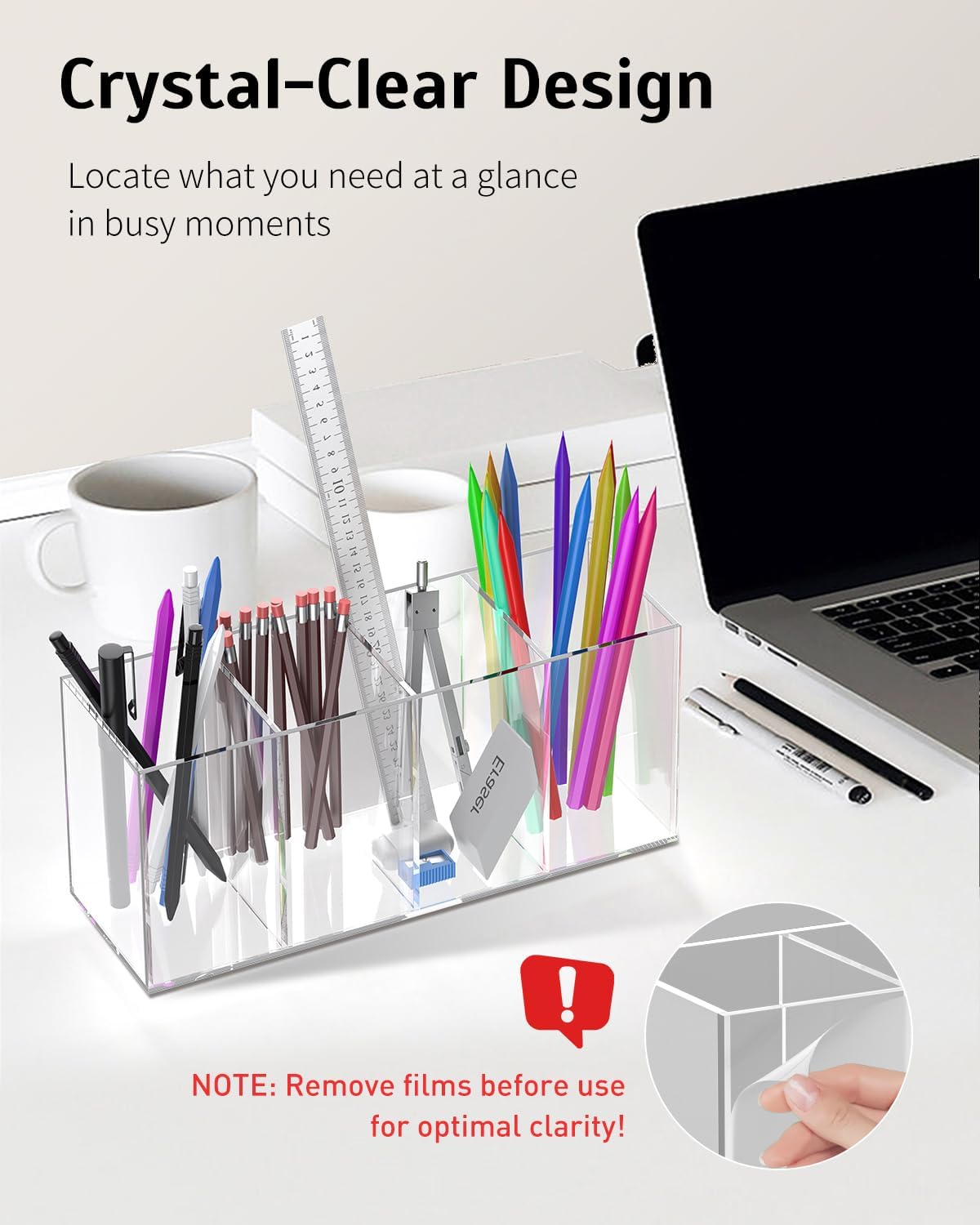 Uniclife Clear Acrylic Pen Holder for Desk, Plastic Pencil Holder Pen Organizer with 4 Compartments, Desktop Stationery Organizer for Office Home School, Vertical Makeup Brush Holder, 9" x 3" x 4"