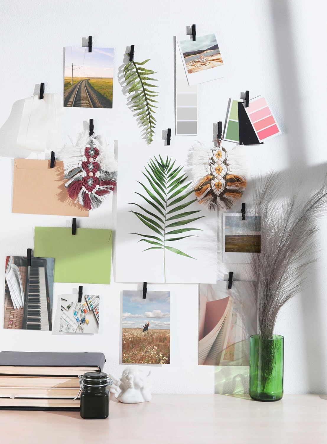 50 Pack Mini Self Adhesive Clips for Pictures - Black Wood Clip Photo Holders for Wall, Poster Hanger, Photo Cards Hanging Display Board & Picture Boards, Artwork Photos Holders Card Room Decor