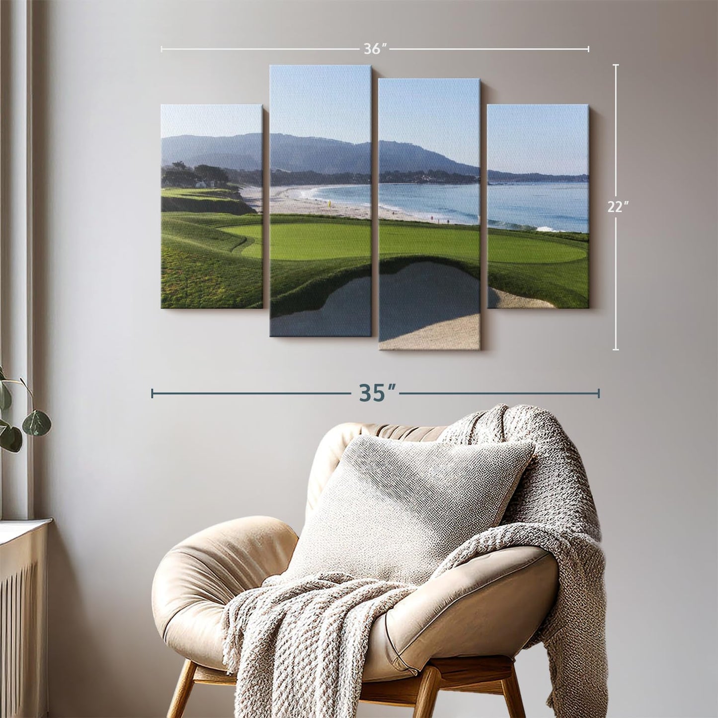 Elephant Stock Monterey CA Golf Course Wall Art - Horizontal Canvas - 4-Piece Living Room Wall Decor - Photography Sports Canvas Print - Blue and Green Decor for Wall - 36" X 22"