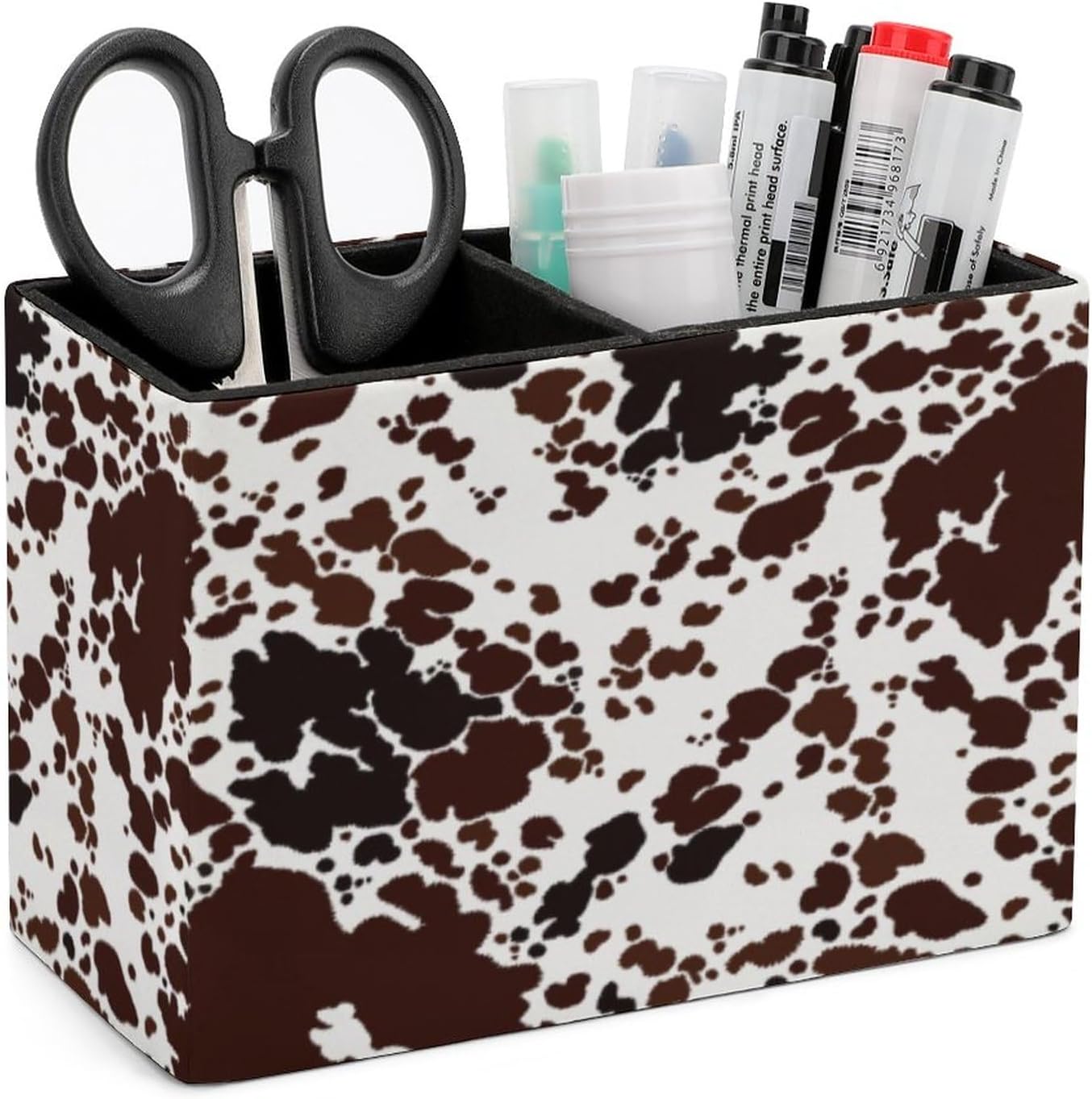 Pen Holder, Pencil Holder for Desk Organizer, Cow Print Brown Spots PU Leather Pencil Cups Desktop Stationery Storage Makeup Brush Holder Pen Organizer for Office Home