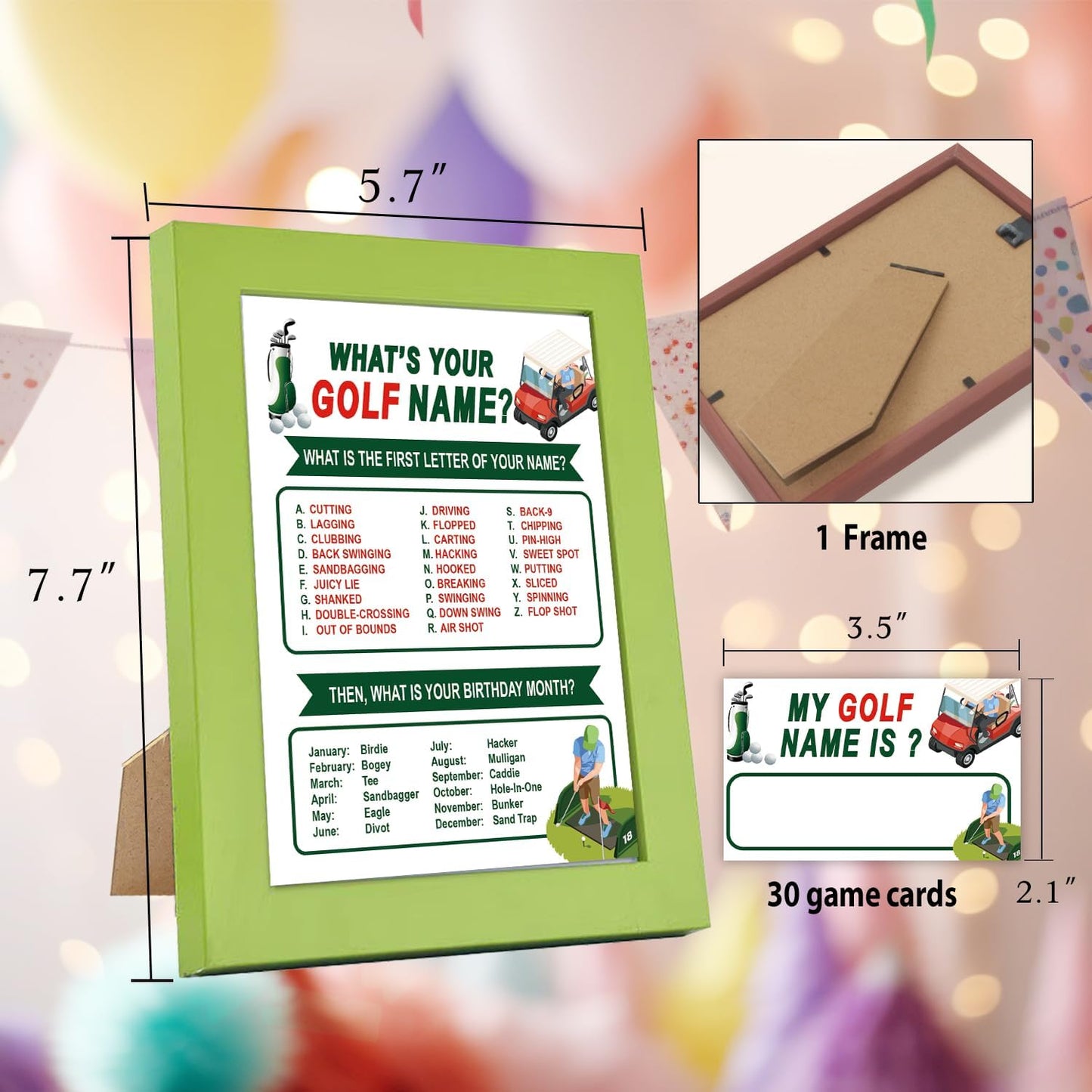ZAQTS-What's Your Golf Name, Green Frame, 1 Golf Theme Sign, 30 Name Tag Stickers, Golf Birthday Party Game, Icebreakers, Birthday Party Decorations, Family Fun-MZ02