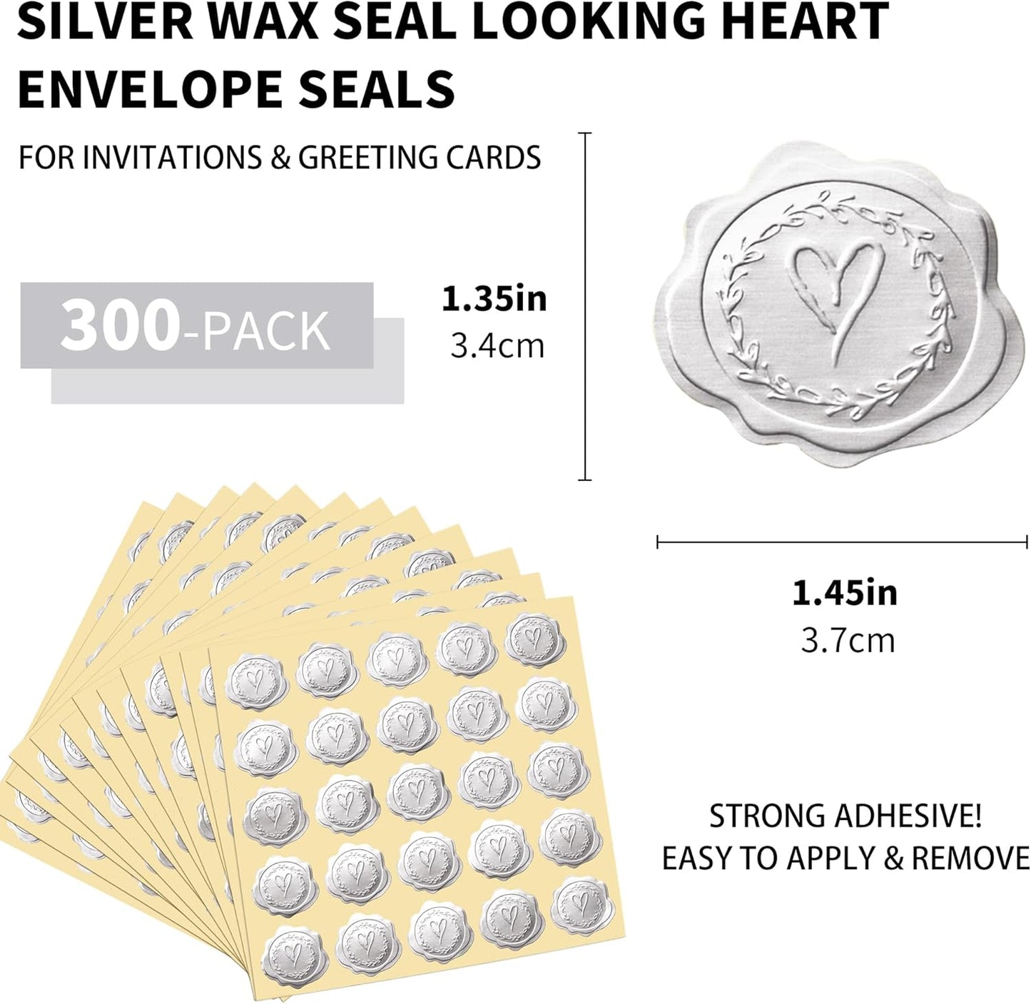 300pcs Silver Embossed Wax Seal Looking Heart Envelope Seals for Wedding Invitations/Greeting Cards/Party Favors, Self-Adhesive