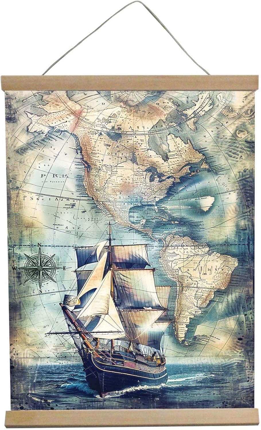 Vintage Coastal Wall Art Nautical Map Retro Art Prints,Boy Wall Art For Bedroom Ocean Art Compass Ship Wall Decor Modern Family Bedroom Decor Posters 12x16in