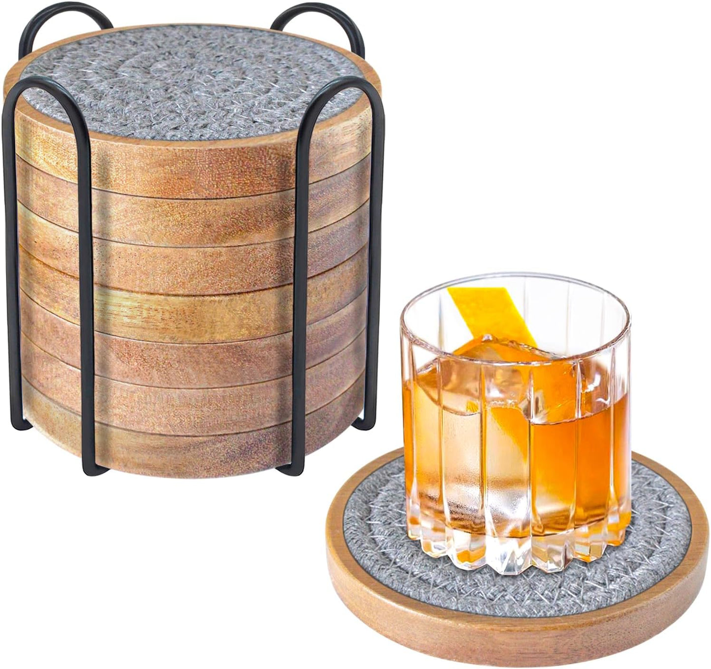 Wood Coasters for Drinks, Absorbent Coaster Sets of 8, Woven Drink Coasters for Coffee Table, Housewarming Gift for Farmhouse Home Decor,4.3 inches Gray