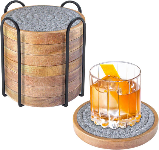 Wood Coasters for Drinks, Absorbent Coaster Sets of 8, Woven Drink Coasters for Coffee Table, Housewarming Gift for Farmhouse Home Decor,4.3 inches Gray