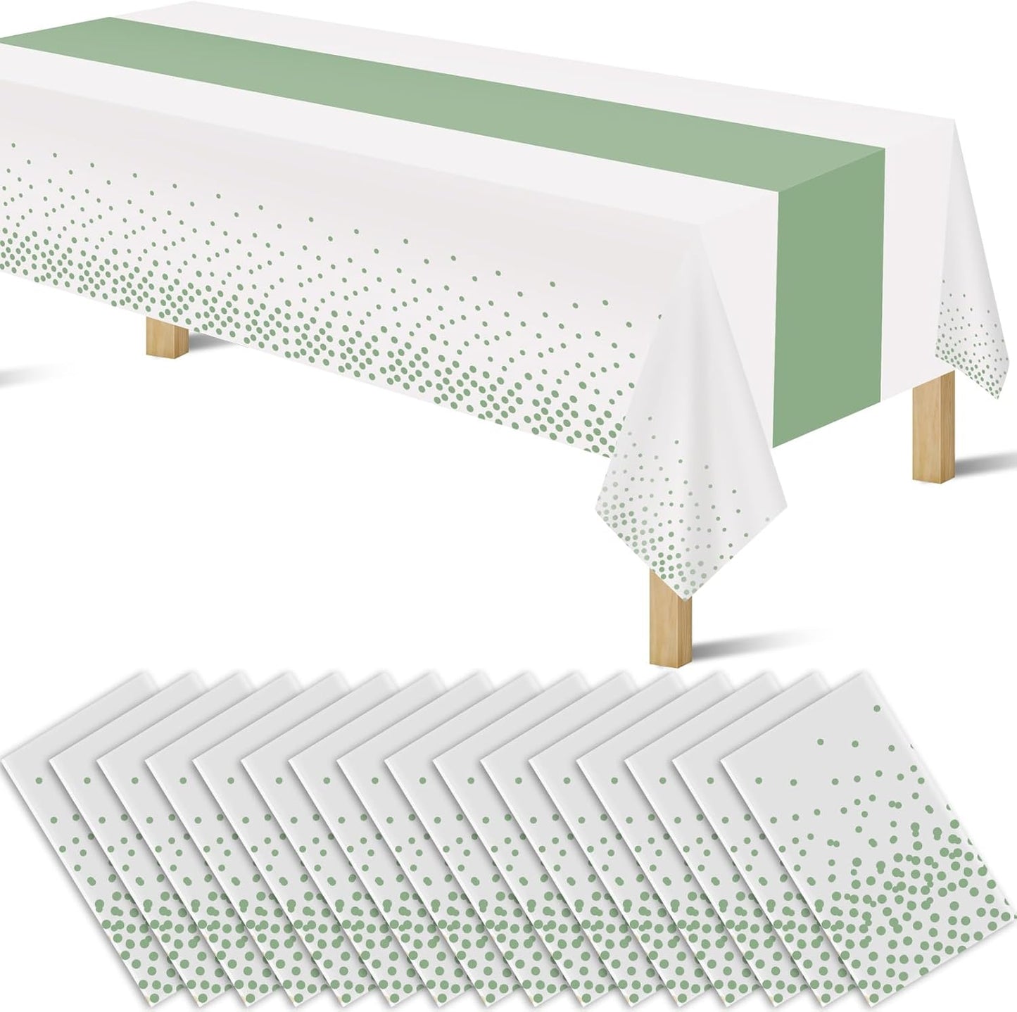 16 Pack 2in1 Disposable Plastic Tablecloths 54" x 108" White and Sage Green Dot Party Table Cloth Rectangle Table Cover for Wedding Birthday Baby Shower Anniversary Christmas New Year Party Decoration