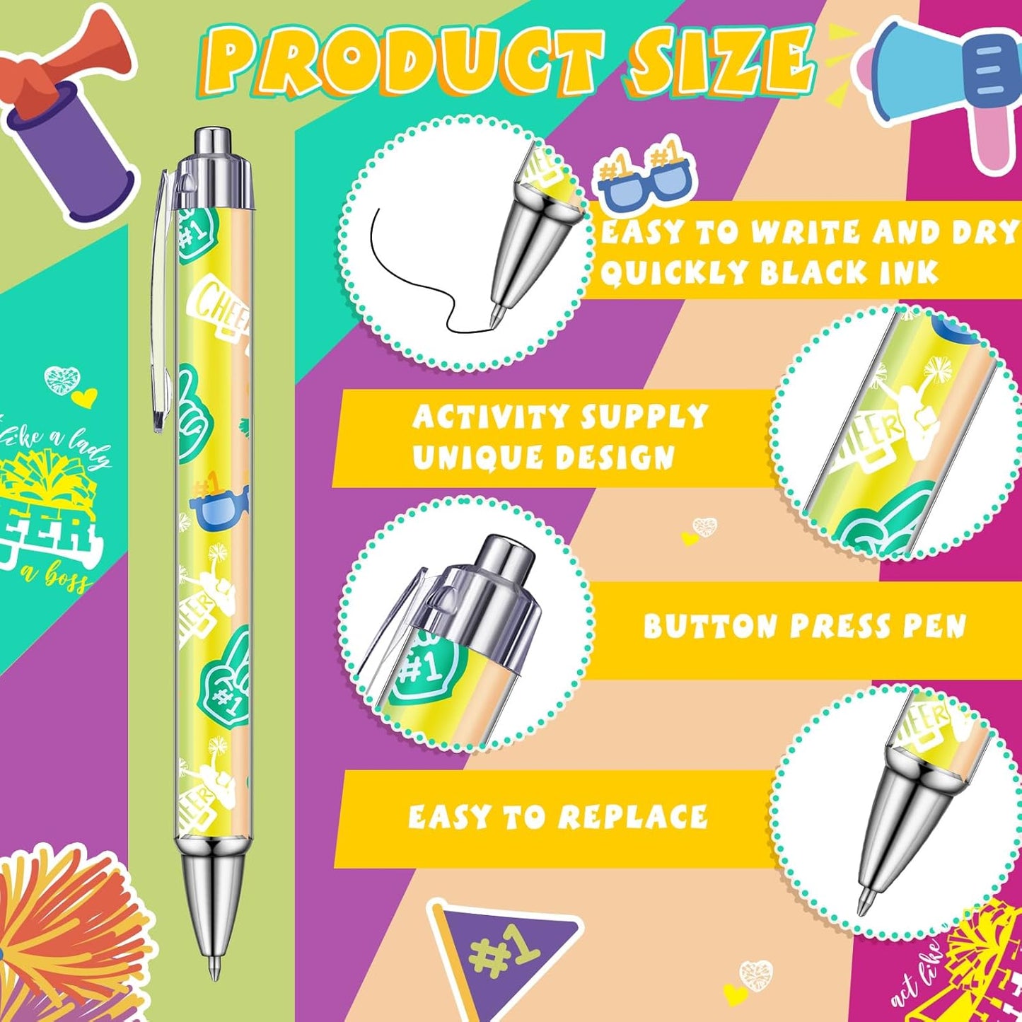48 Pcs Cheerleader Ballpoint Pens Cheerleader Party Favors Gifts Black Ink Retractable Ballpoint Pens for Gifts Party Supplies Favors Accessories in Bulk