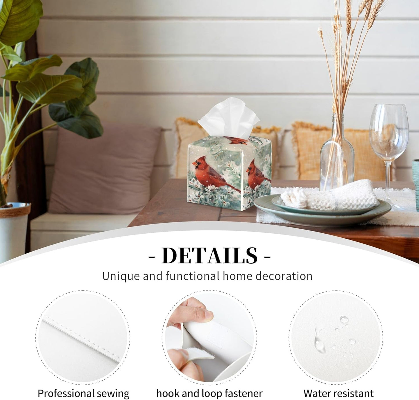 Tissue Box Cover, Winter Christmas Cardinal Bird Pu Leather Square Tissue Box Cover Case Organizer Cube Box Holder for Bathroom Vanity Countertop, Night Stands, Office Desk & Car 5.2X5.2X5.2''