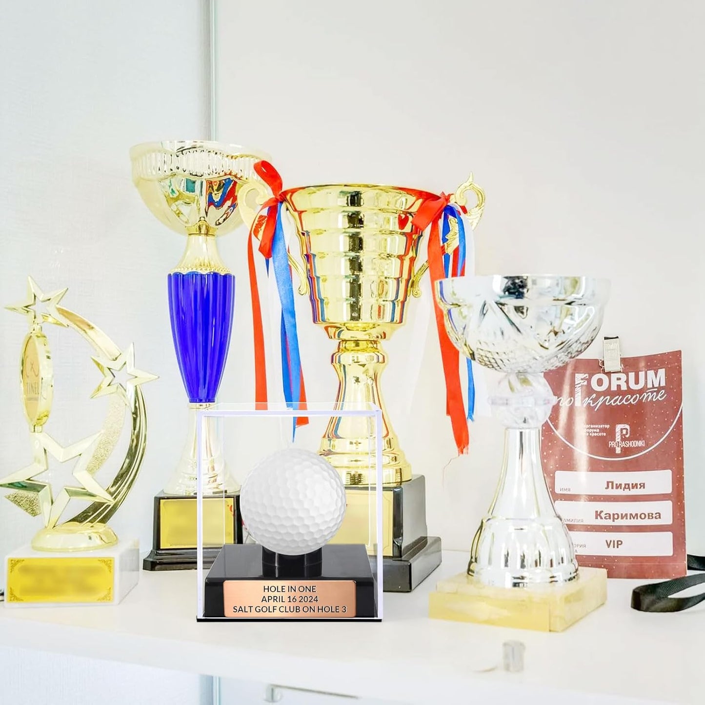 Custom Golf Ball Display Case Acrylic Golf Ball Holder Case Laser Engraved Plaque Showcase Your Cherished Golf Ball Memorabilia (Pink Gold)